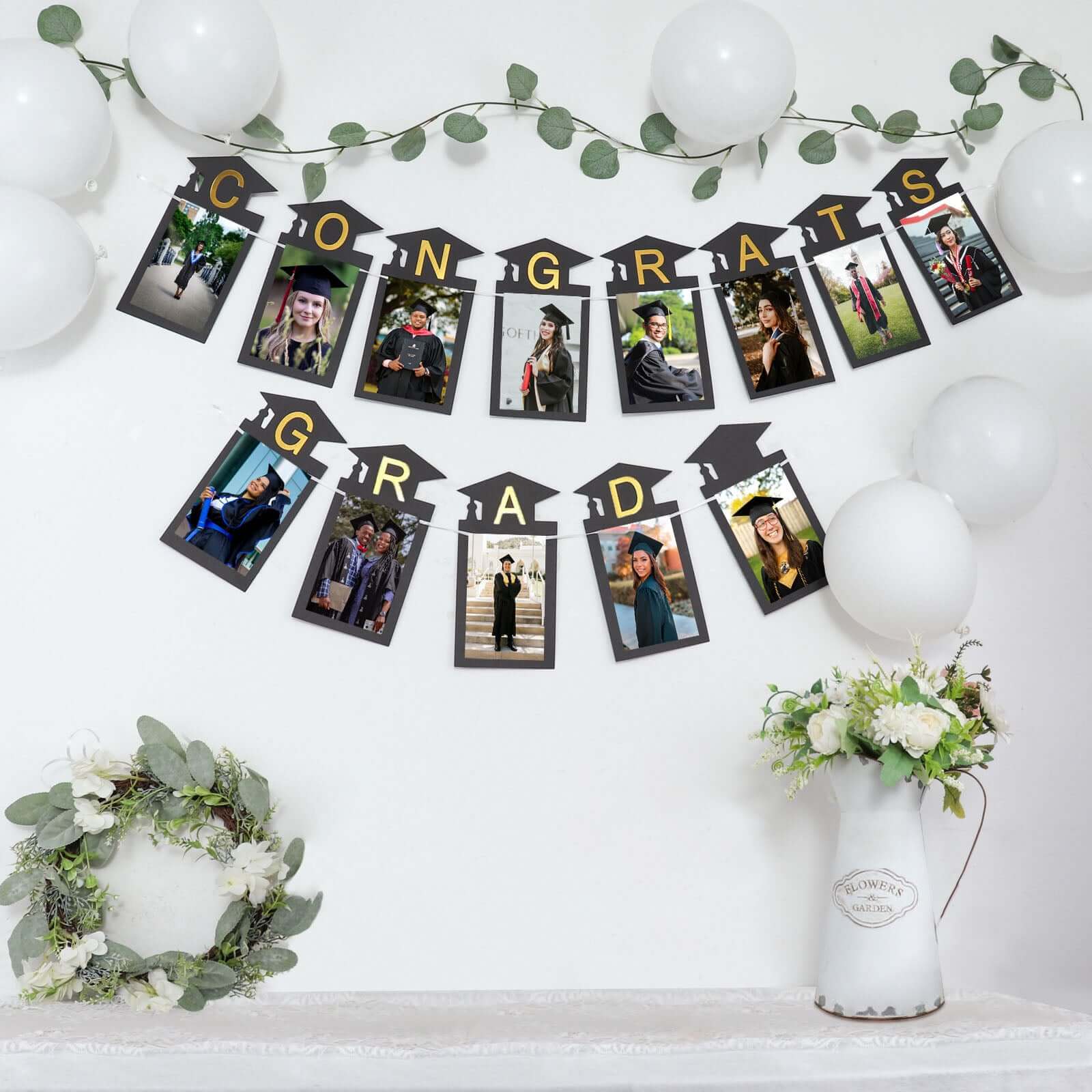 Black and Gold Congrats Grad Paper Photo Backdrop Hanging Garland Banner - 5.5ft