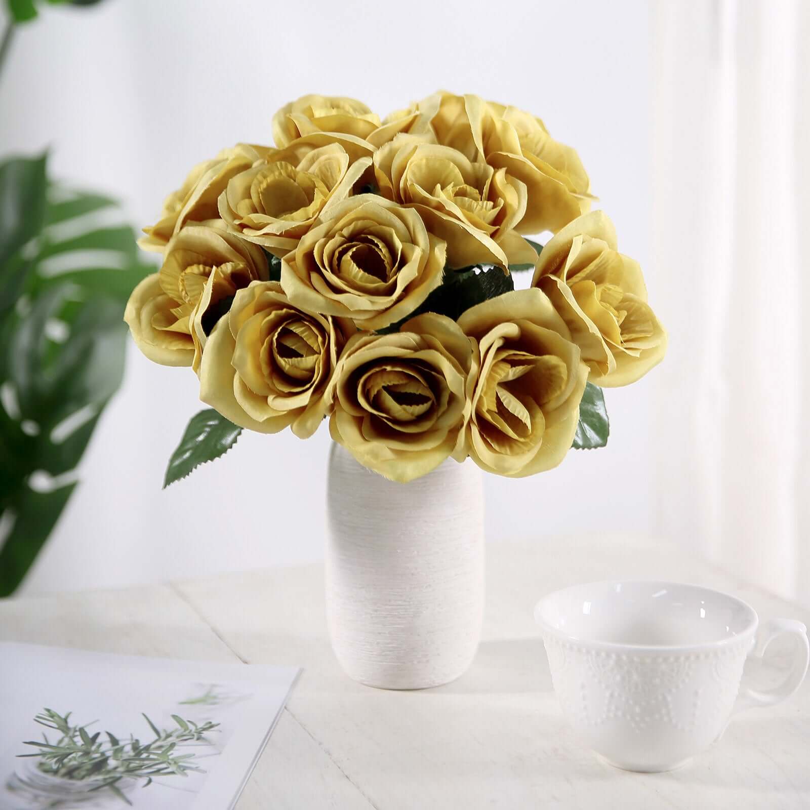 12 Gold Artificial Velvet-Like Fabric Rose Flower Bouquet Bush