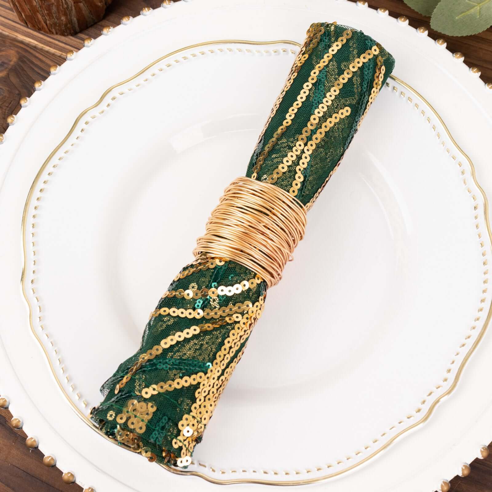 Sequin Mesh 20x20 Napkin Hunter Emerald Green Gold - Wave Embroidered Reusable Napkin