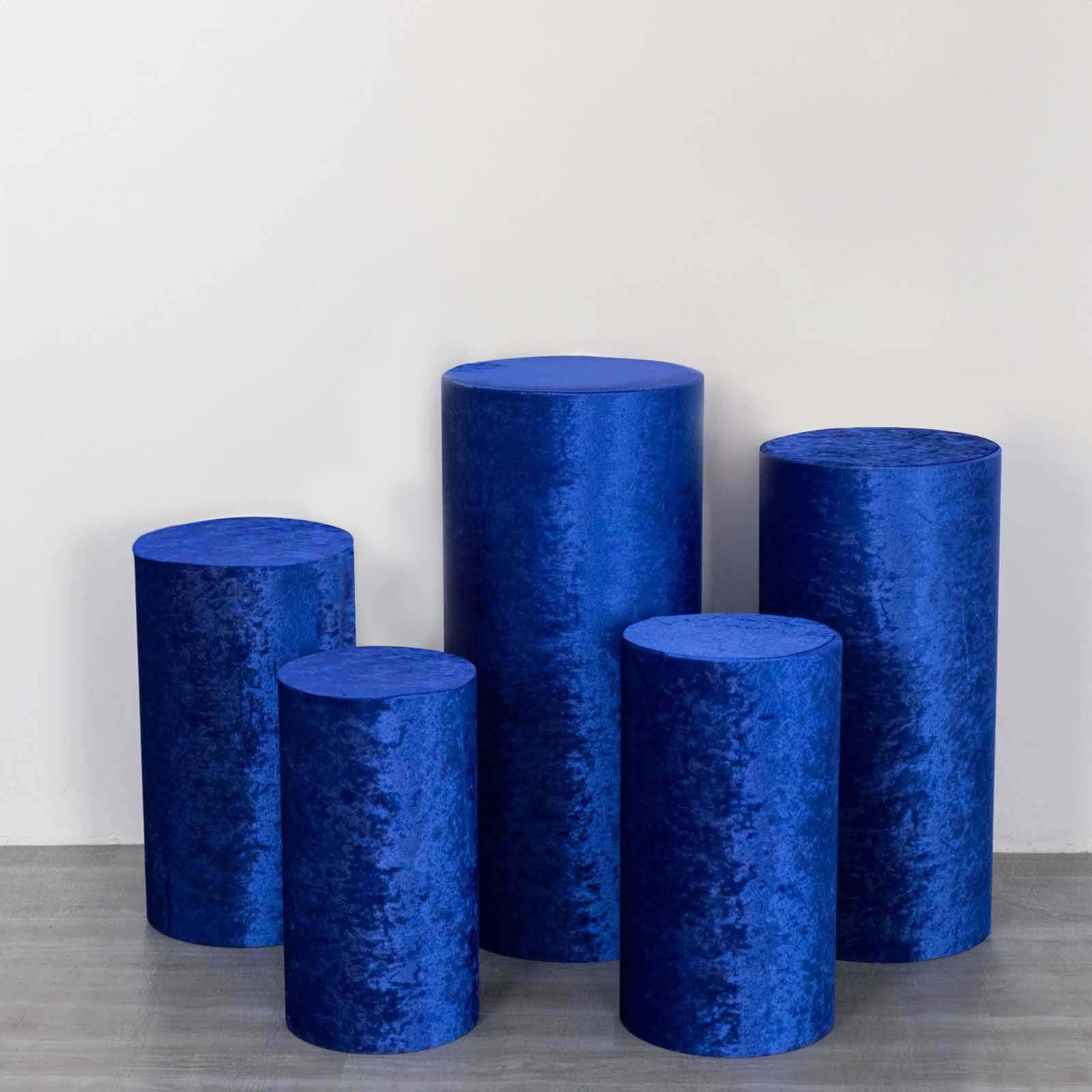 Set of 5 Royal Blue Crushed Velvet Cylinder Pedestal Stand Covers, Premium Pillar Prop Covers