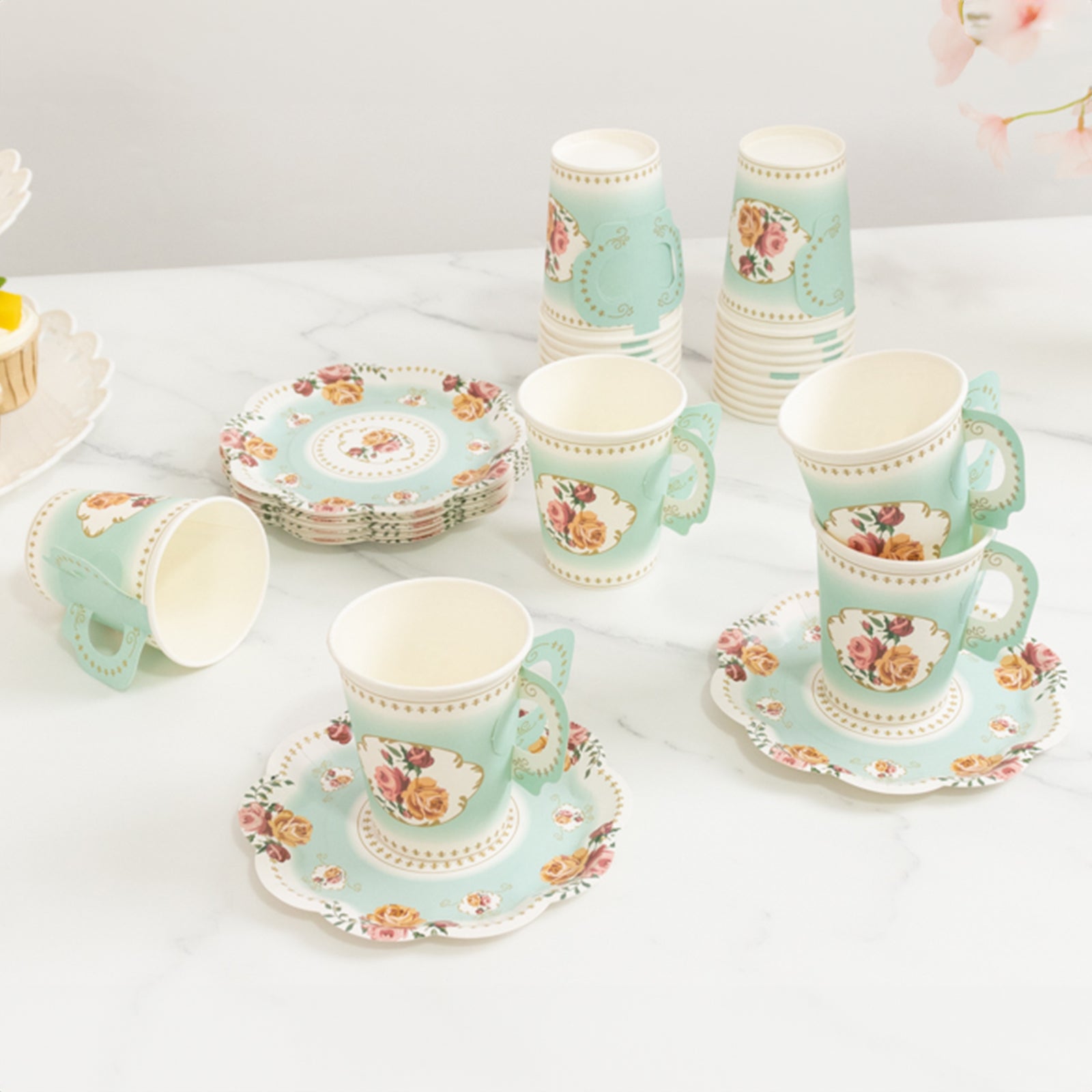 Set of 25 Paper Cups and Saucers in Turquoise with Rose Floral Print - Vintage Inspired Disposable Tea Party Decorations