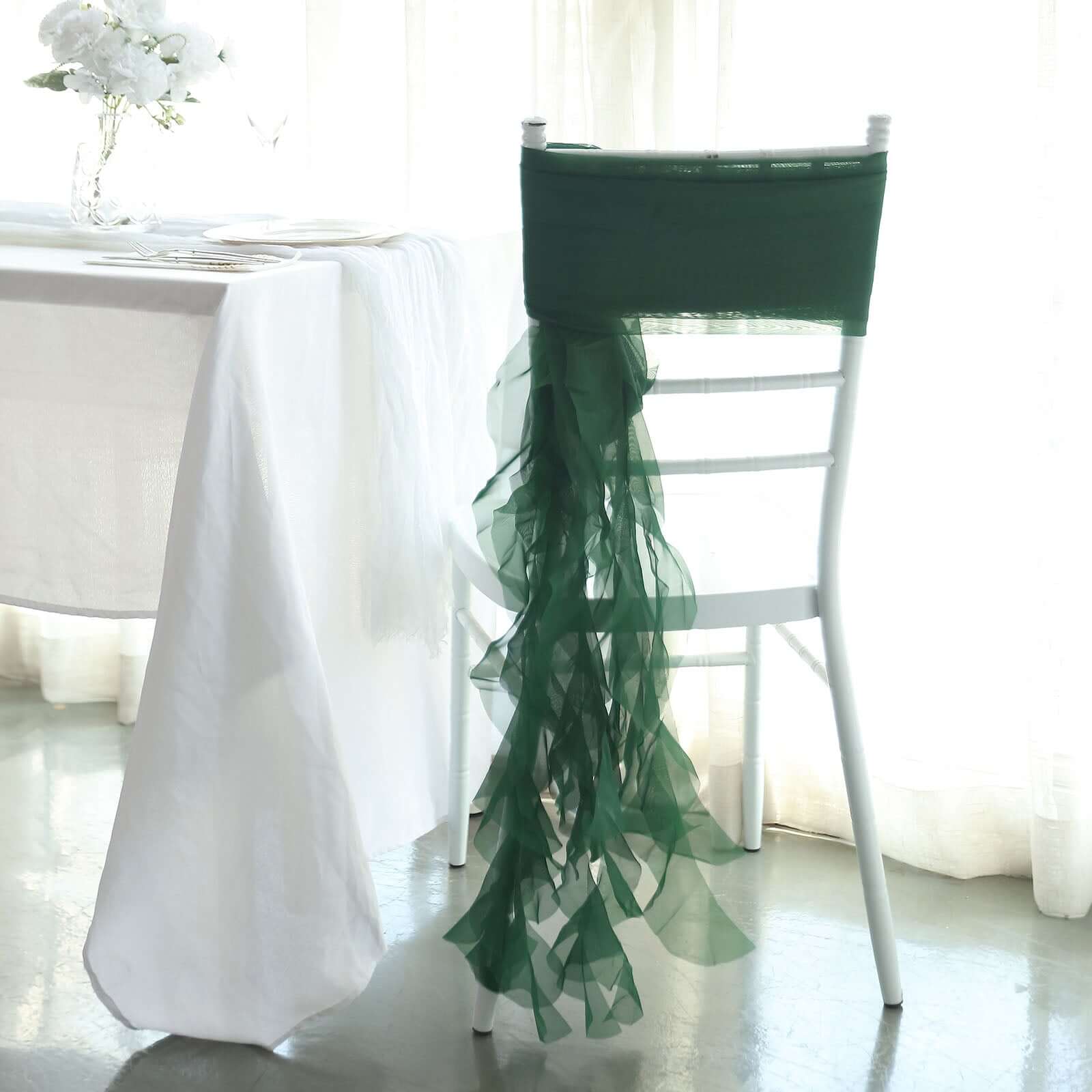 1 Set Chiffon Hoods Chair Sashes with Willow Ruffles Design Hunter Emerald Green - Stylish Chair Bow Decor