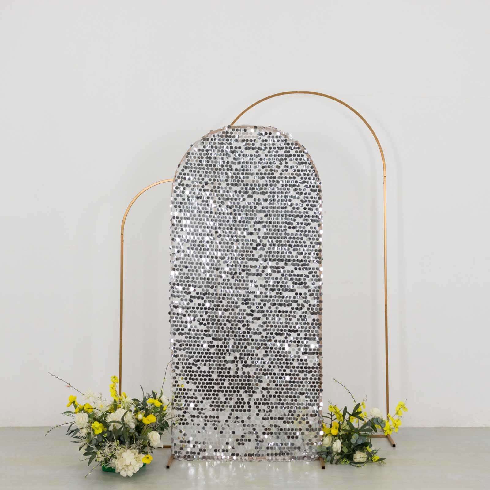 6ft Sparkly Silver Big Payette Sequin Fitted Wedding Arch Cover for Round Top Chiara Backdrop Stand