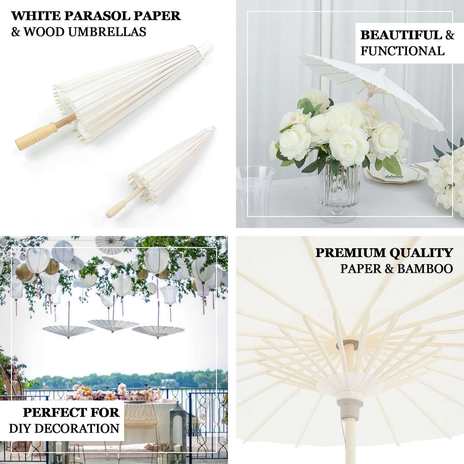 2-Pack Paper and Bamboo Parasol Umbrellas White - Perfect Bridal Shower Photo Props and Table Decorations 32