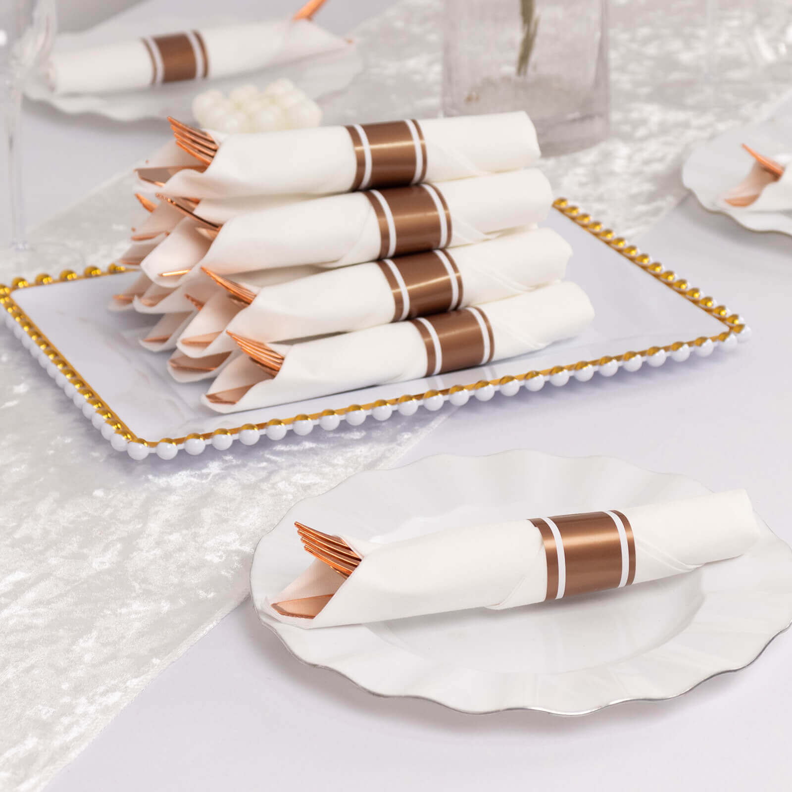 Set of 24 Rose Gold Plastic Silverware with Pre-Rolled White Paper Napkins - Disposable Wrapped Fork, Spoon, and Knife Set