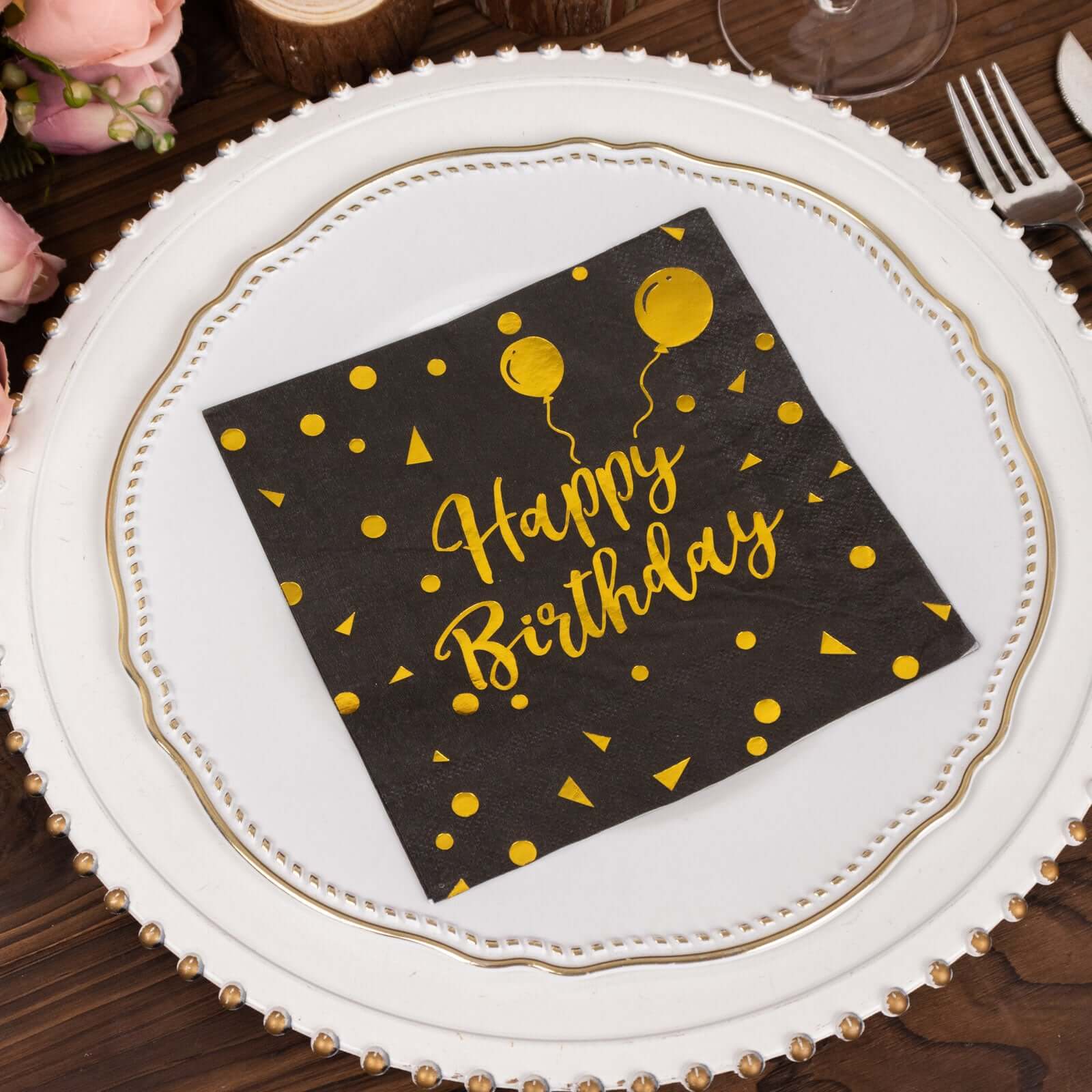 20-Pack Paper Beverage Napkins with Happy Birthday Foil Print Black/Gold - 2 Ply Disposable 18GSM Soft Party Napkins 6.5x6.5