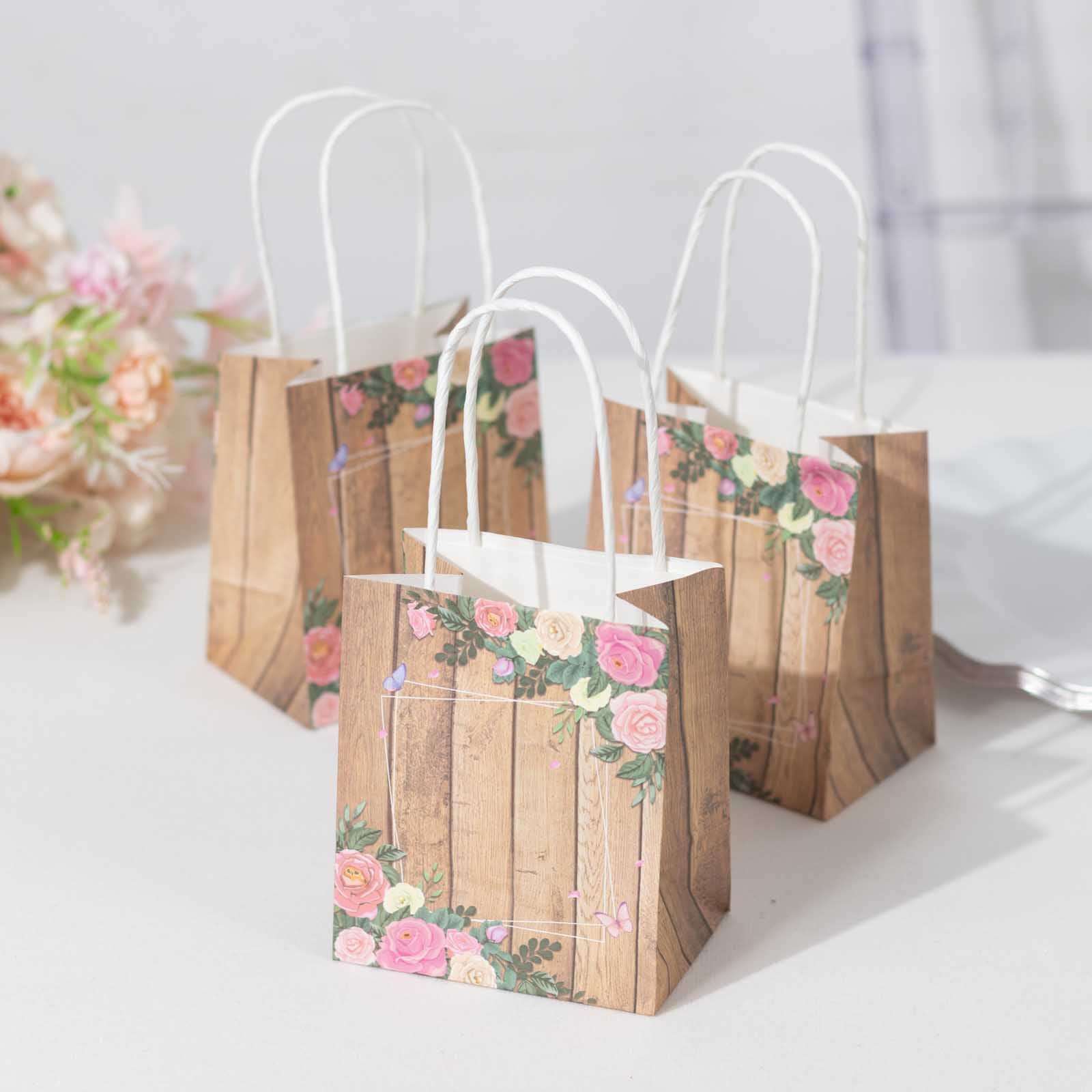 12 Pack Natural Wood Print Paper Party Favor Bags with Rose Floral Accent, Small Gift Goodie Bags With Handles - 4x5