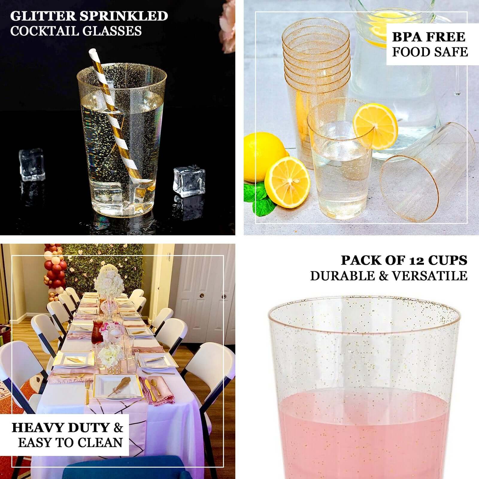 12-Pack Plastic Party Cups Clear Gold Glitter - Durable Disposable Tumblers for Drinks 17oz 5.5