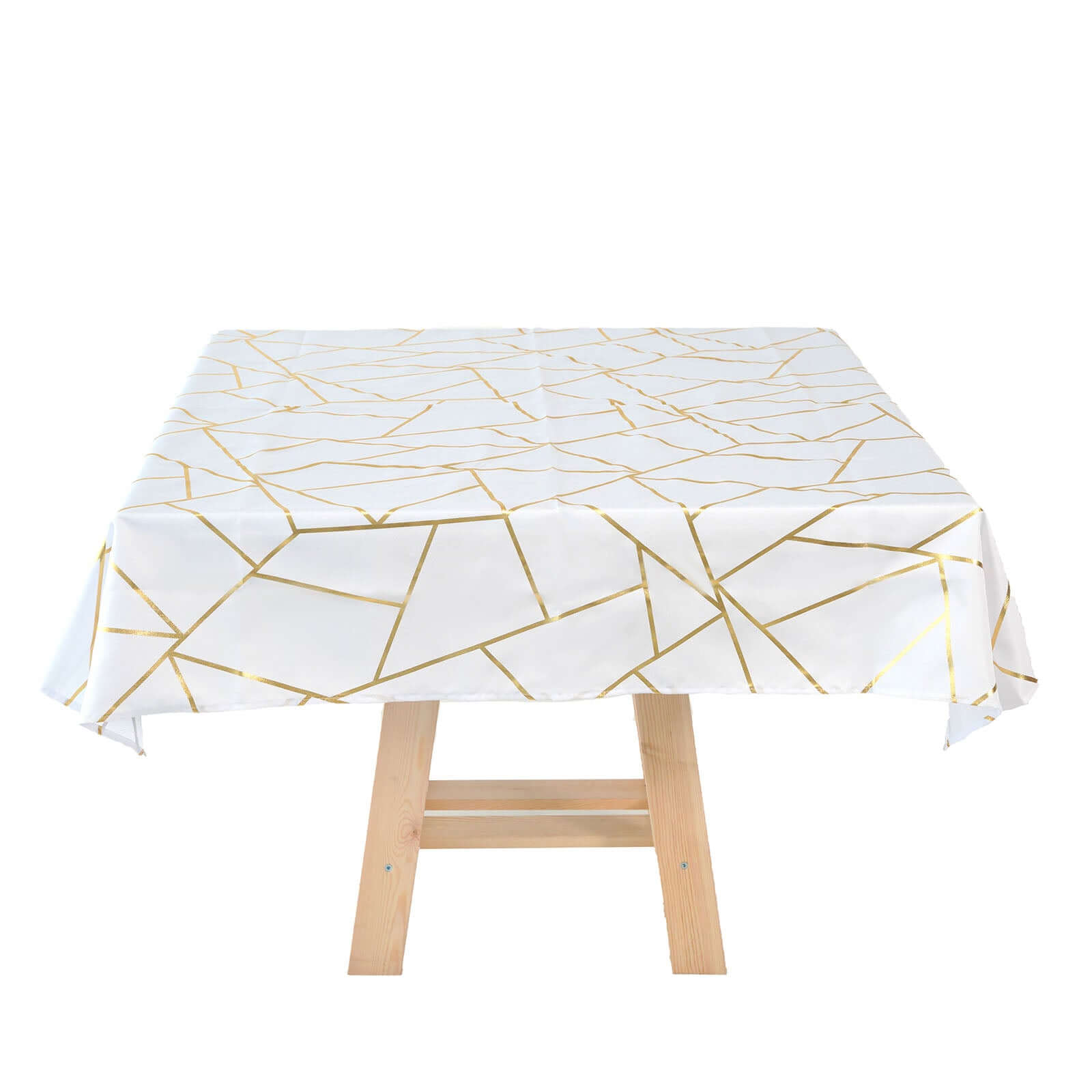 Polyester 54x54 Square Tablecloth White with Gold Foil Geometric Pattern - Wrinkle-Resistant & Durable for Stylish Settings