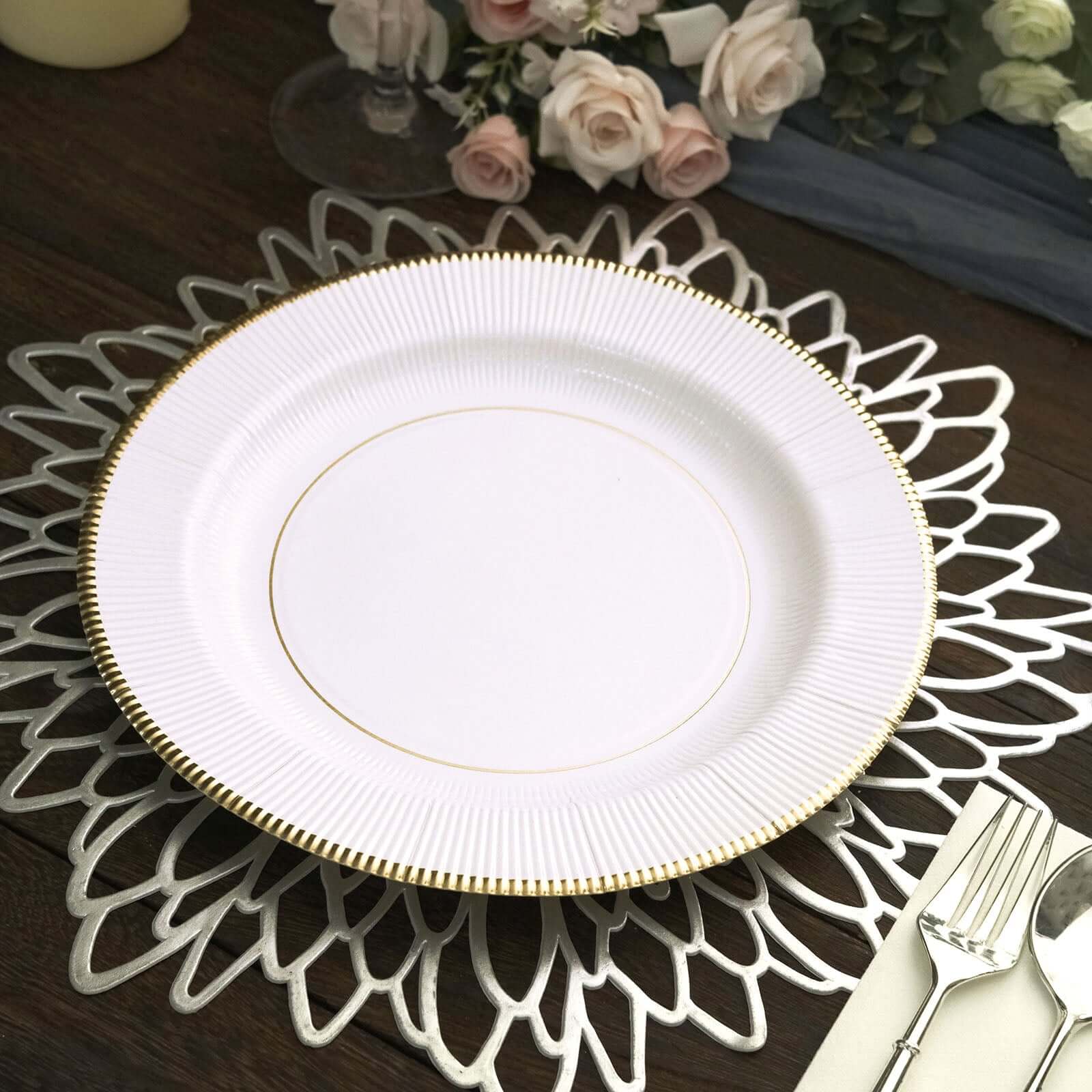 25-Pack Paper 10 Round Dinner Plates in White Sunray Design with Gold Rim - Disposable Heavy Duty 350GSM Party Plates