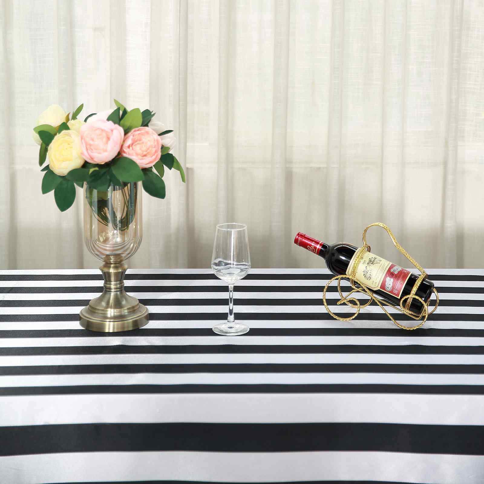 Satin 90x156 Rectangle Tablecloth Black/White - Stripe Design with Seamless Finish Table Cover