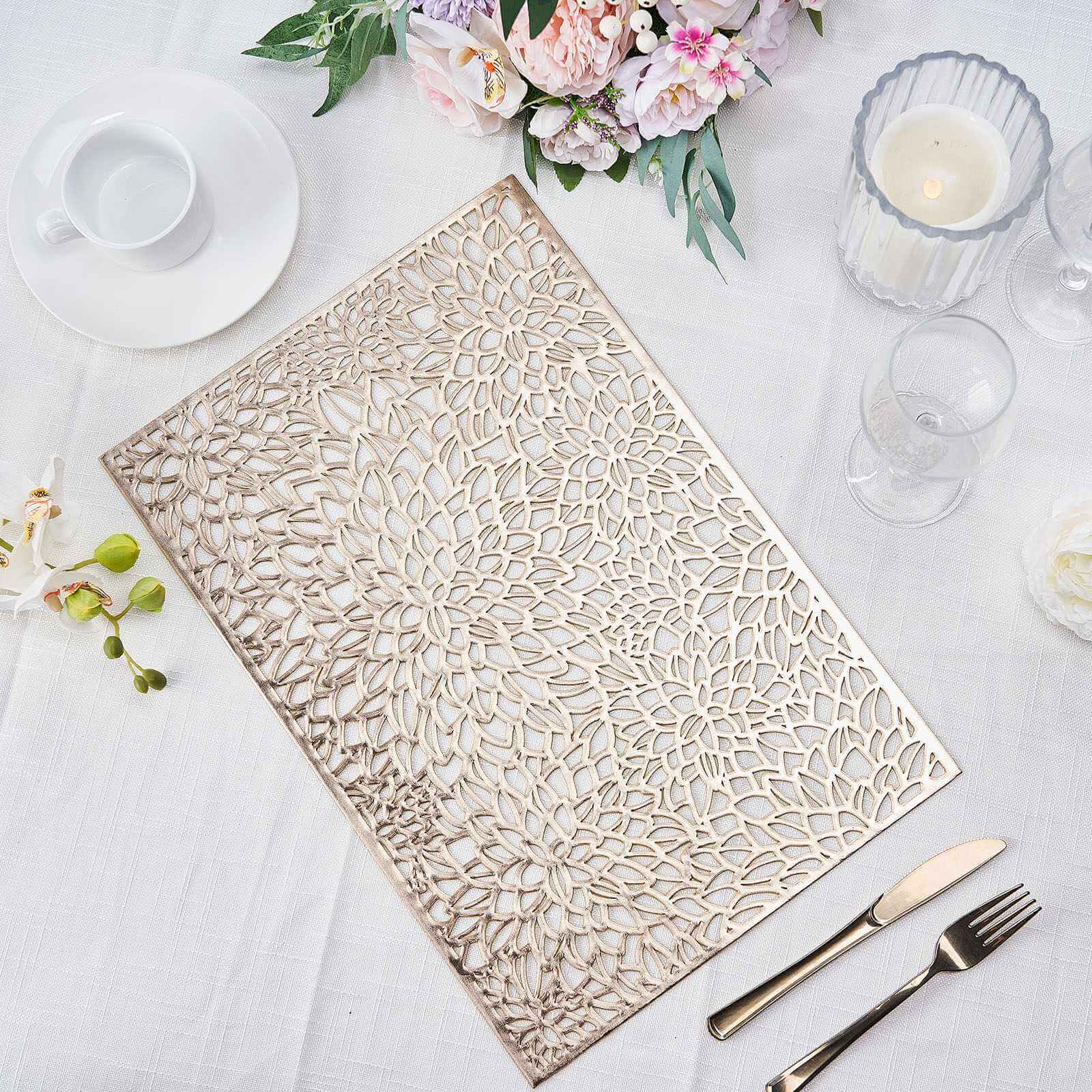 6-Pack Vinyl Placemats Gold Metallic with Floral Design - Stylish Non-Slip Rectangle Table Mats 12x18