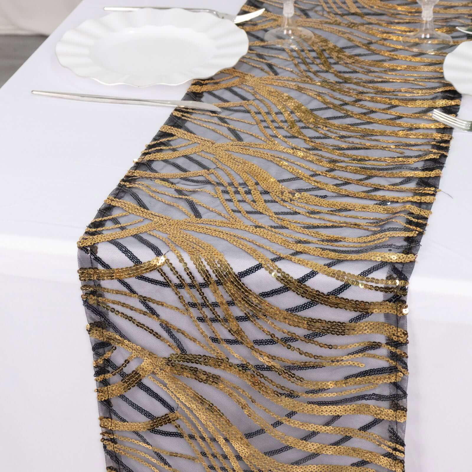 Sequin Mesh 12x108 Table Runner Black Gold Stylish Wave Embroidery