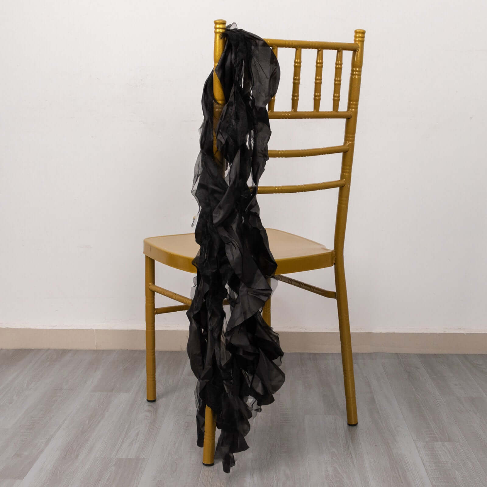 5 Pack Chiffon Satin Chair Sashes Black - Easy to Install Lustrous Ruffled Curly Willow Wedding Chair Decorations