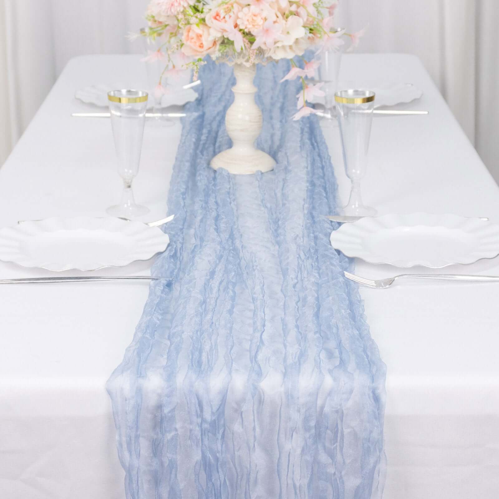 Sheer Crinkled Organza 9ft Table Runner Dusty Blue - Rustic Chiffon Look