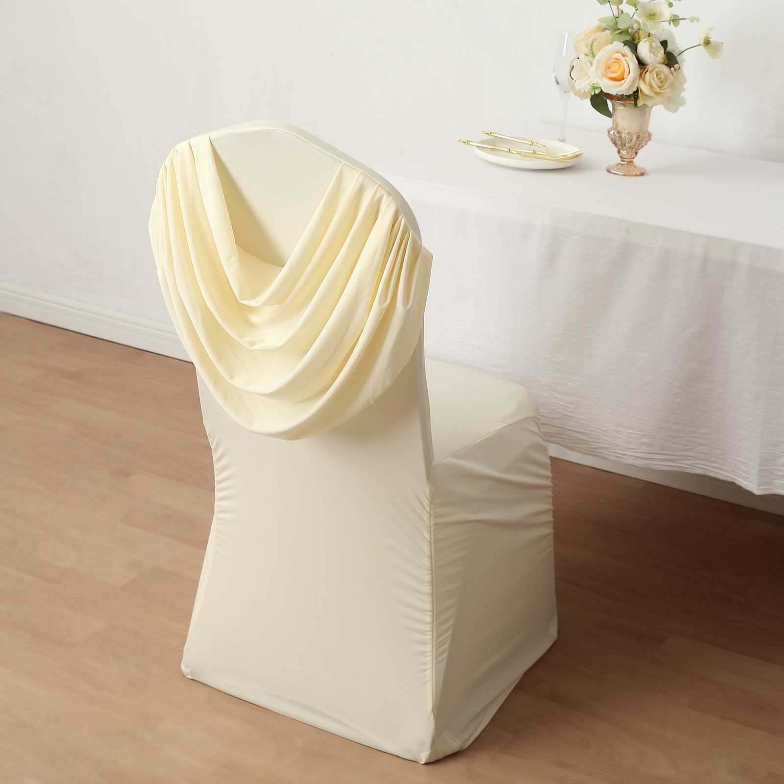 Spandex Chair Cover with Ruched Swag Back and Foot Pockets for Banquet Chairs Ivory - Fitted Slipcover