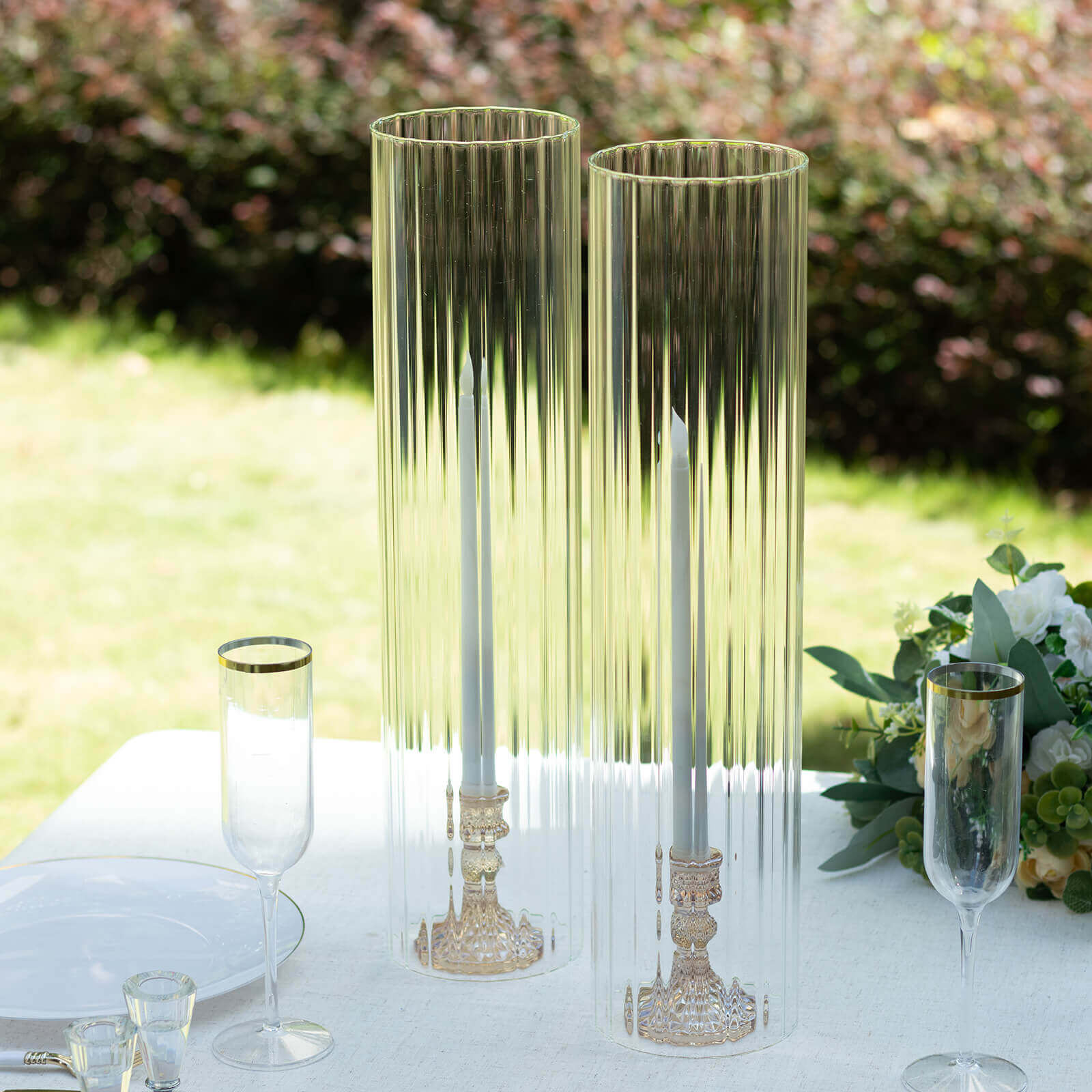 2-Pack Clear Ribbed Glass Hurricane Shades Open End Design - Stylish Candelabra Pillar Candle Holder Table Centerpiece 20