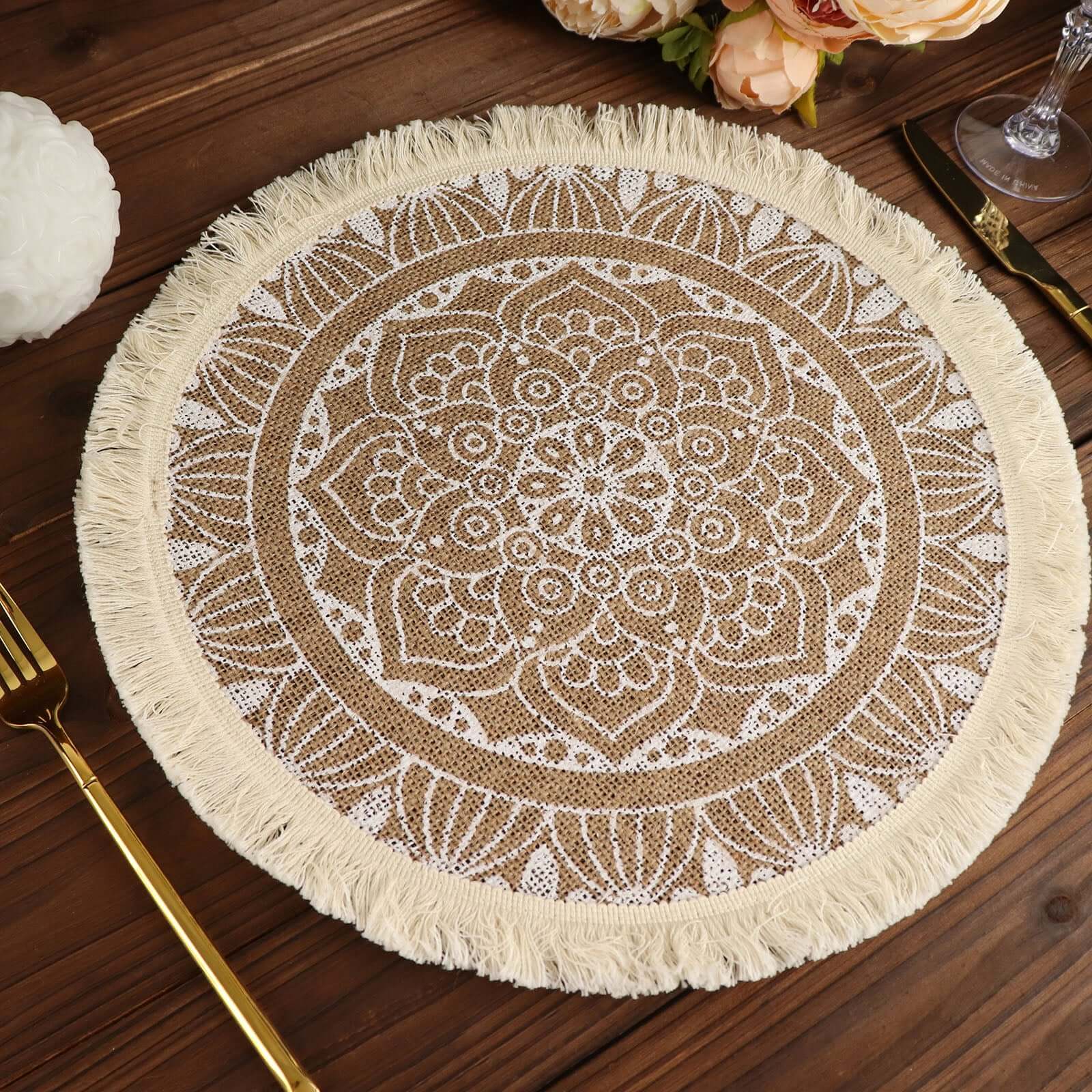 4-Pack Placemats Mandala Print Fringe Design Natural Jute and White Round - Rustic Burlap Tassel Style 15