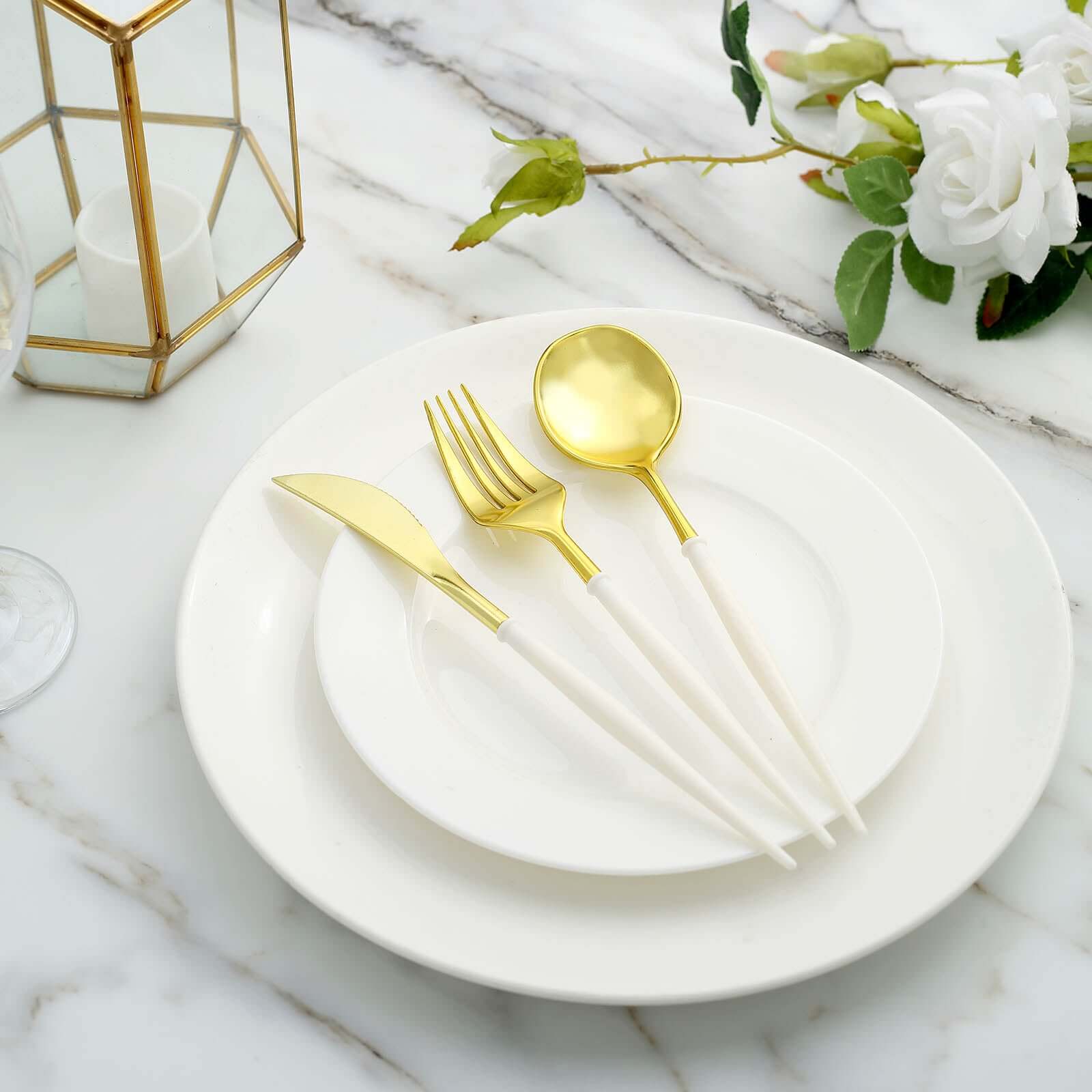 24-Pack Plastic Flatware Set in Metallic Gold with Ivory Handle - Heavy Duty Disposable Modern Silverware 8