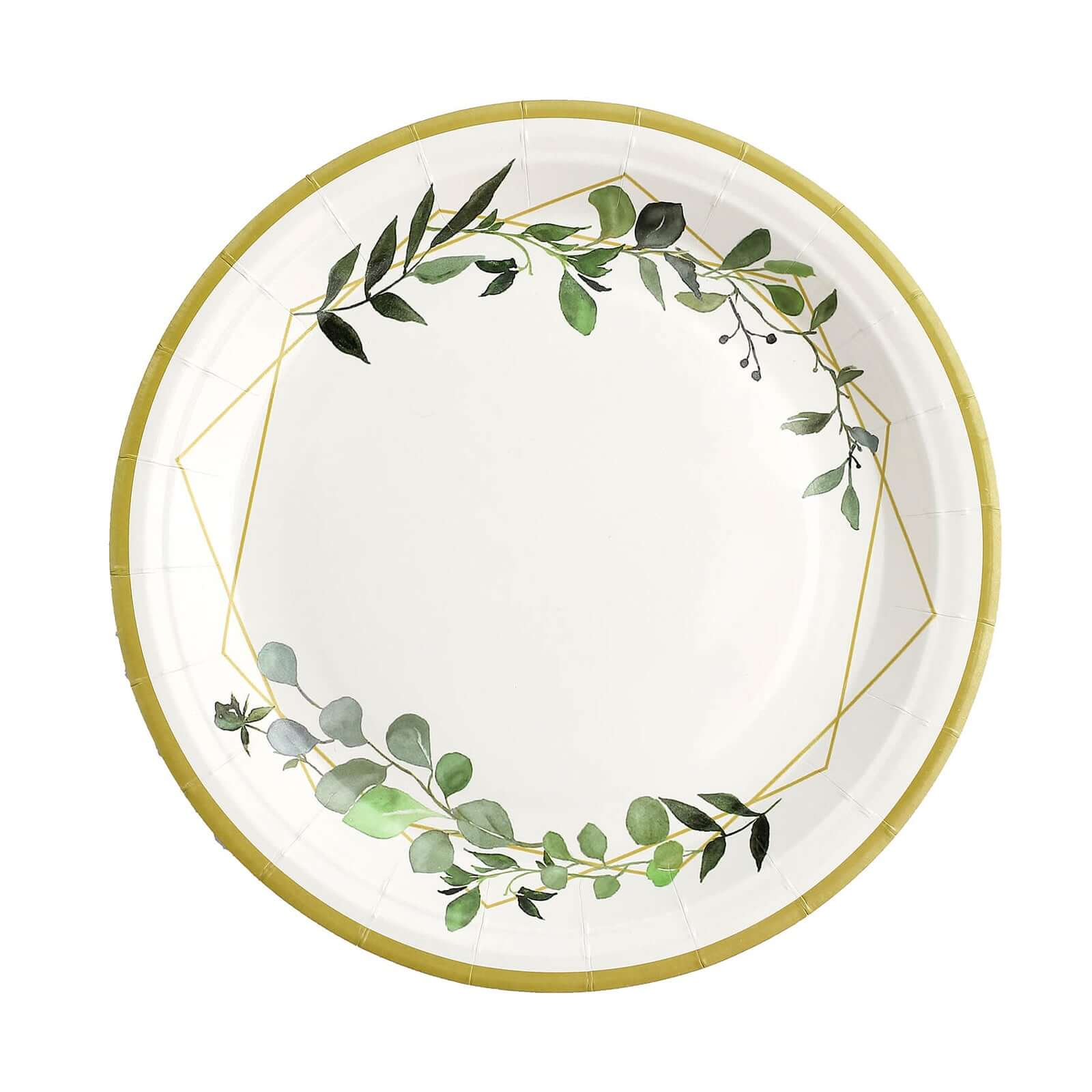 24-Pack Paper 9 Round Dinner Plates in White with Eucalyptus Leaves & Gold Rim - Disposable 300GSM Party Plates for Modern & Nature-Inspired Events