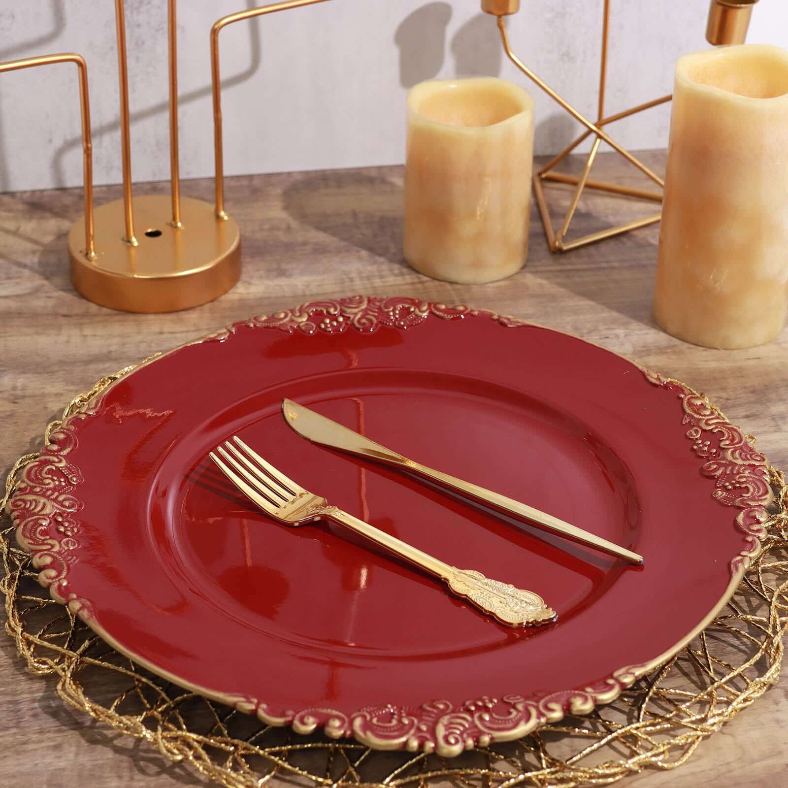 6-Pack Acrylic Round Charger Plates 13 in Burgundy with Gold Embossed Baroque Rim, Antique Decorative Dinner Party Charger Tableware