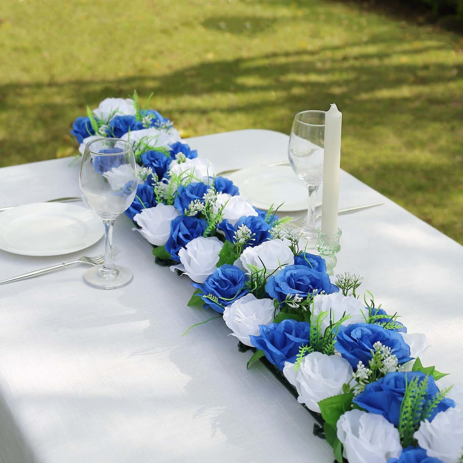 6 Pack White Royal Blue Silk Rose Flower Panel Table Runner, Artificial Floral Arrangements Wedding Table Centerpiece - 20x8