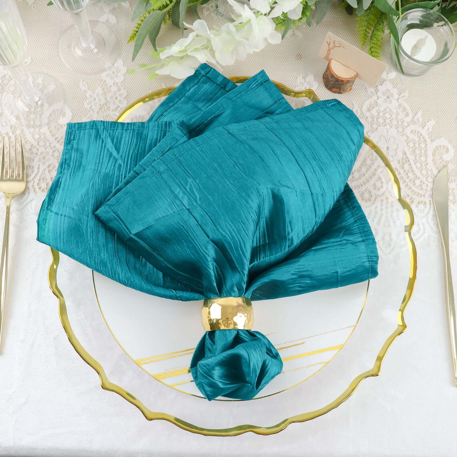 5 Pack Taffeta 20x20 Napkins Peacock Teal - Accordion Crinkle Dinner Napkins