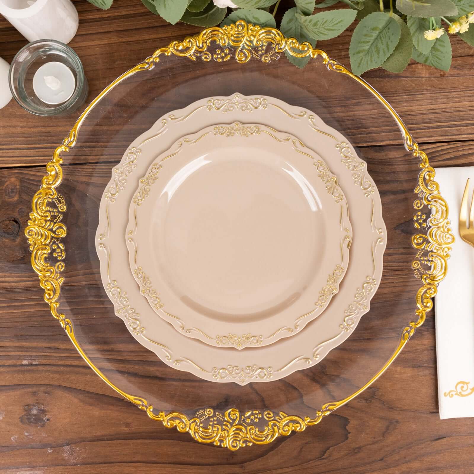 10-Pack Plastic 7 Round Dessert Plates in Taupe with Gold Vintage Embossed Rim - Sturdy Disposable Scalloped Edge Salad Plates