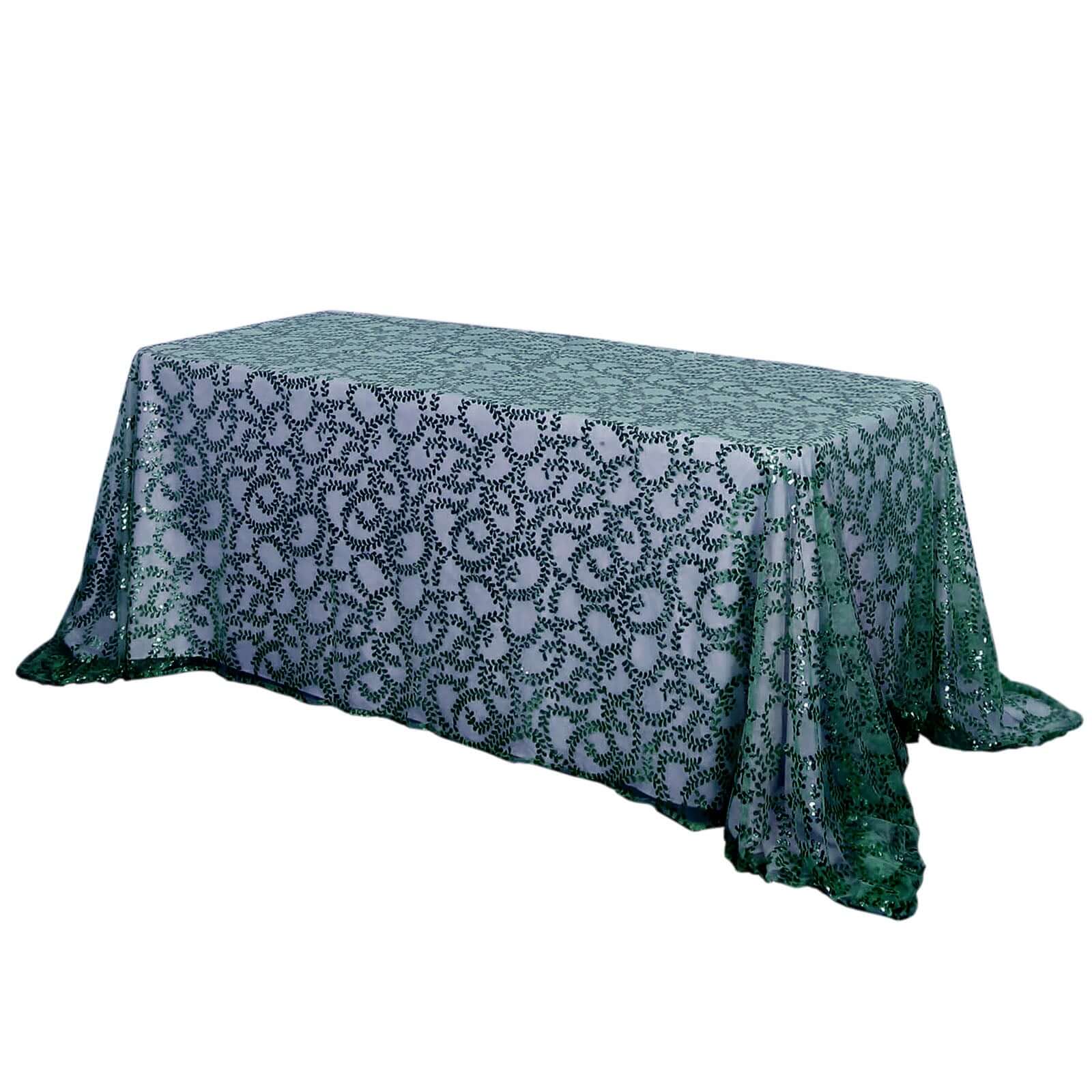 Tulle 90x156 Rectangle Tablecloth Hunter Emerald Green - Sequin Leaf Embroidered Table Cover