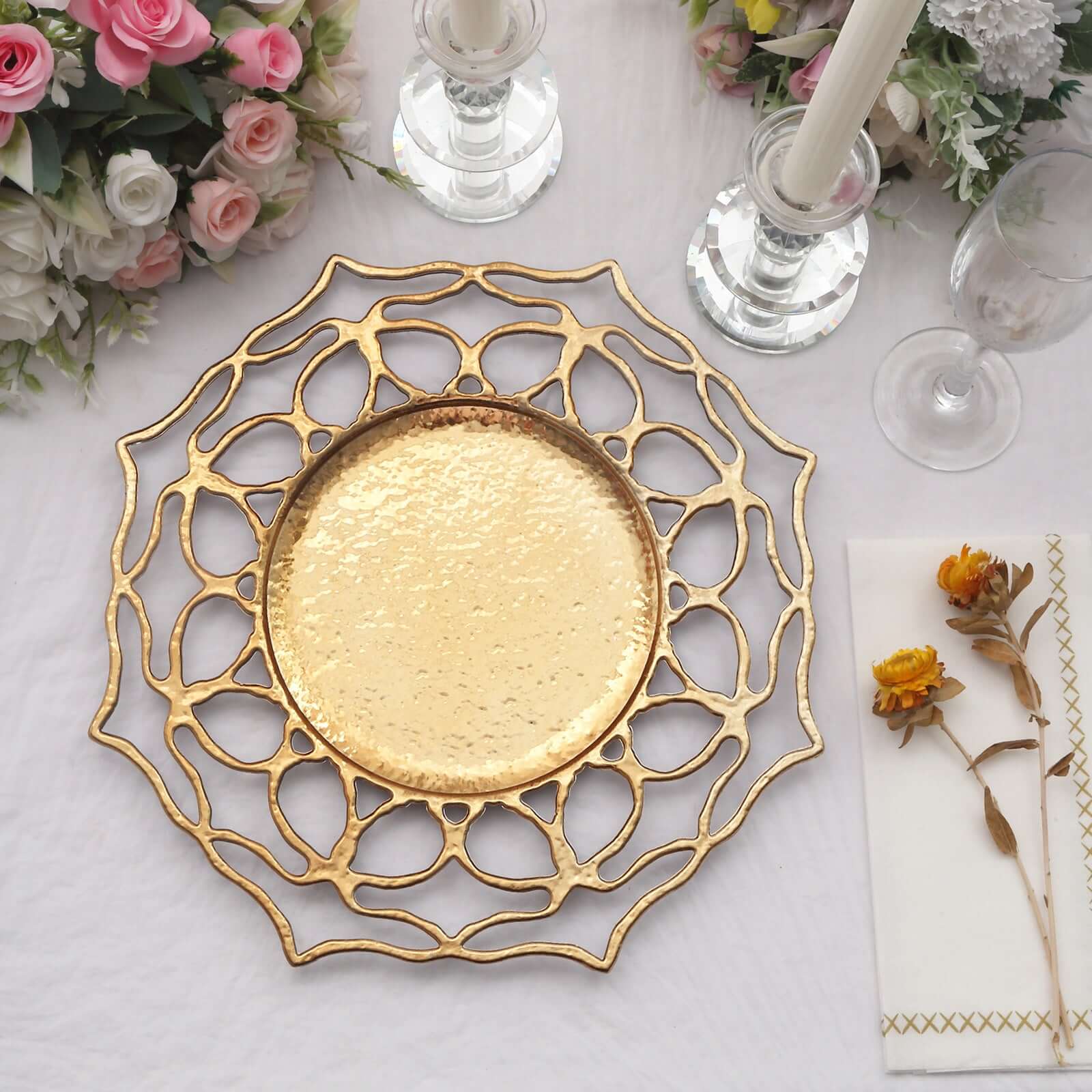 6-Pack Acrylic Round Charger Plates 13 in Gold with Floral Cutout Design, Hollow Flower Plastic Decorative Dinner Party Charger Tableware