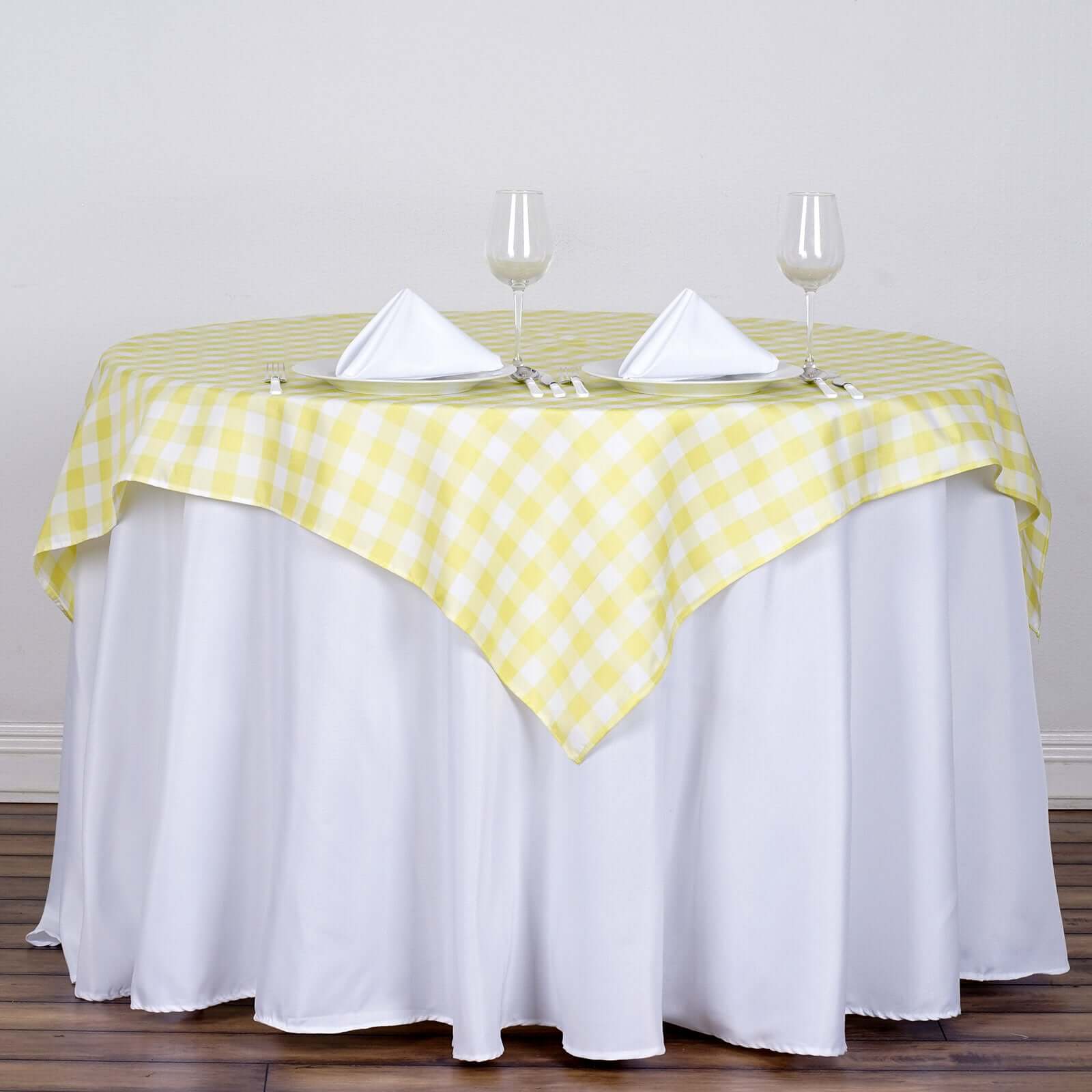 54x54 White Yellow Seamless Buffalo Plaid Square Table Overlay, Checkered Gingham Polyester Table Overlay