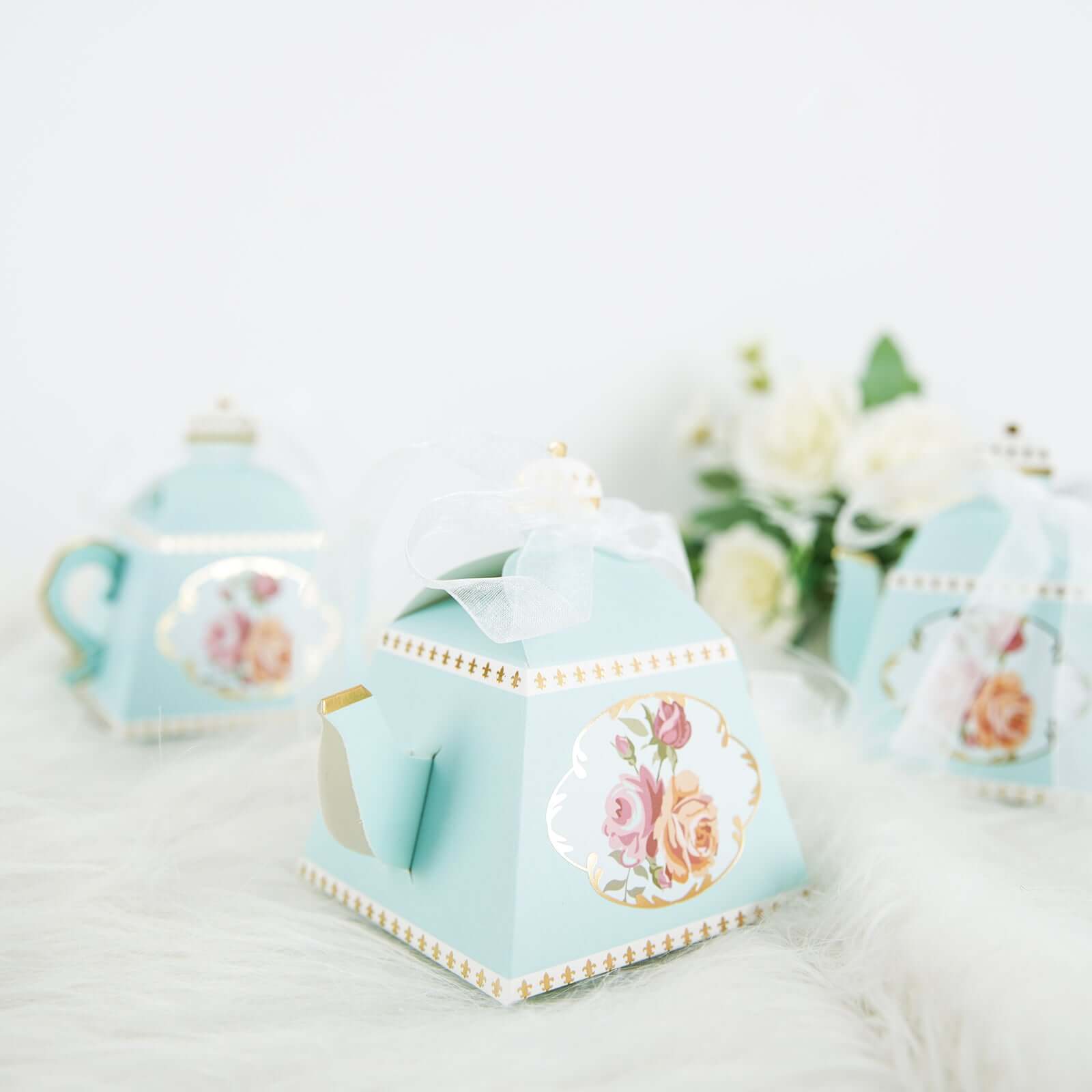 25 Pack 4 Light Turquoise Mini Teapot Favor Boxes, Vintage Rose Gift Boxes with Ribbons