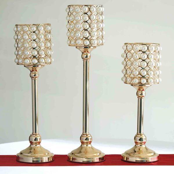 Set of 3 Votive Candle Holders White Pearl Beaded - Gold Sophisticated Small Pillar Stands 12, 14, 16