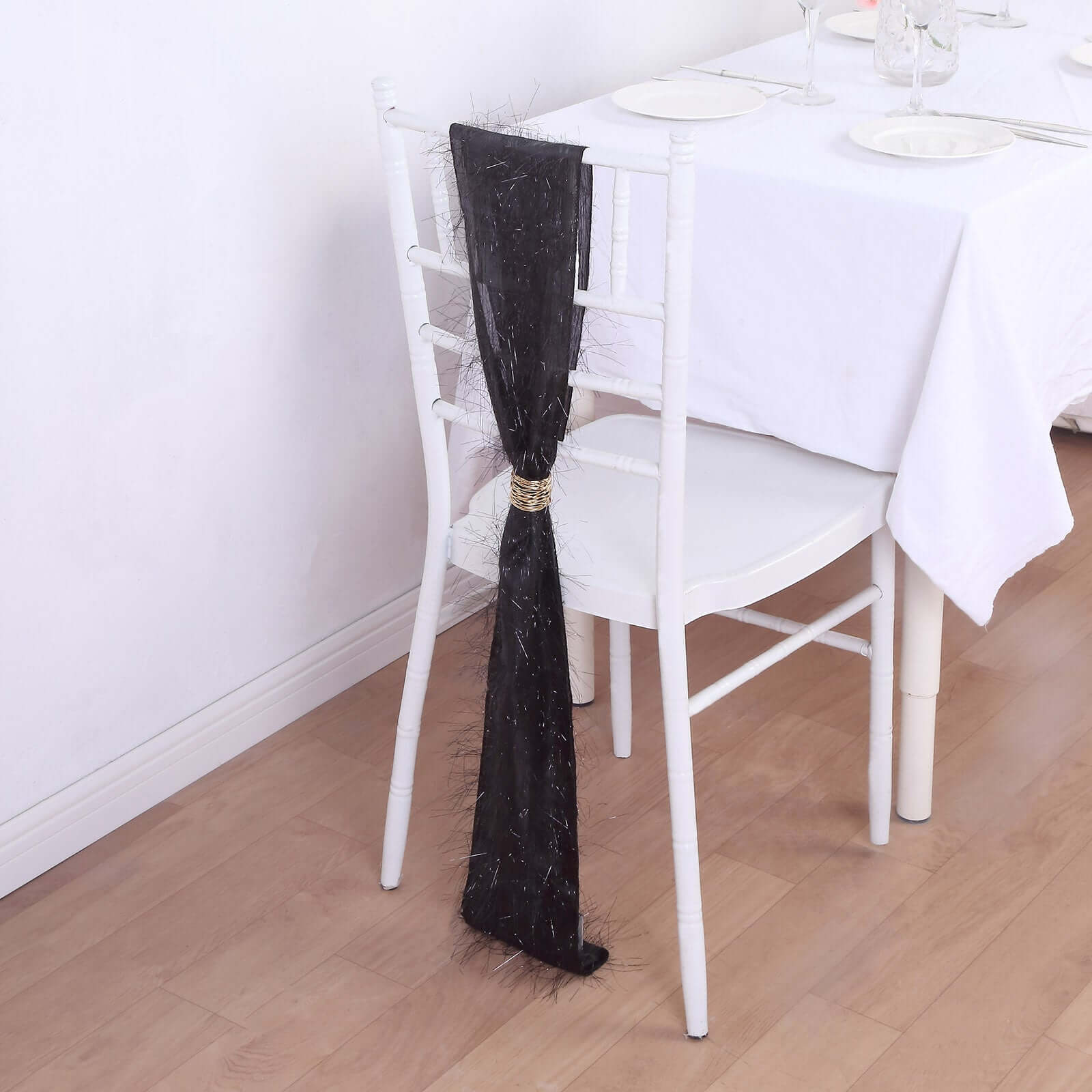 5 Pack Polyester Chair Sashes Black Metallic Tinsel Fringe - Easy to Use Chair Bows 6x108