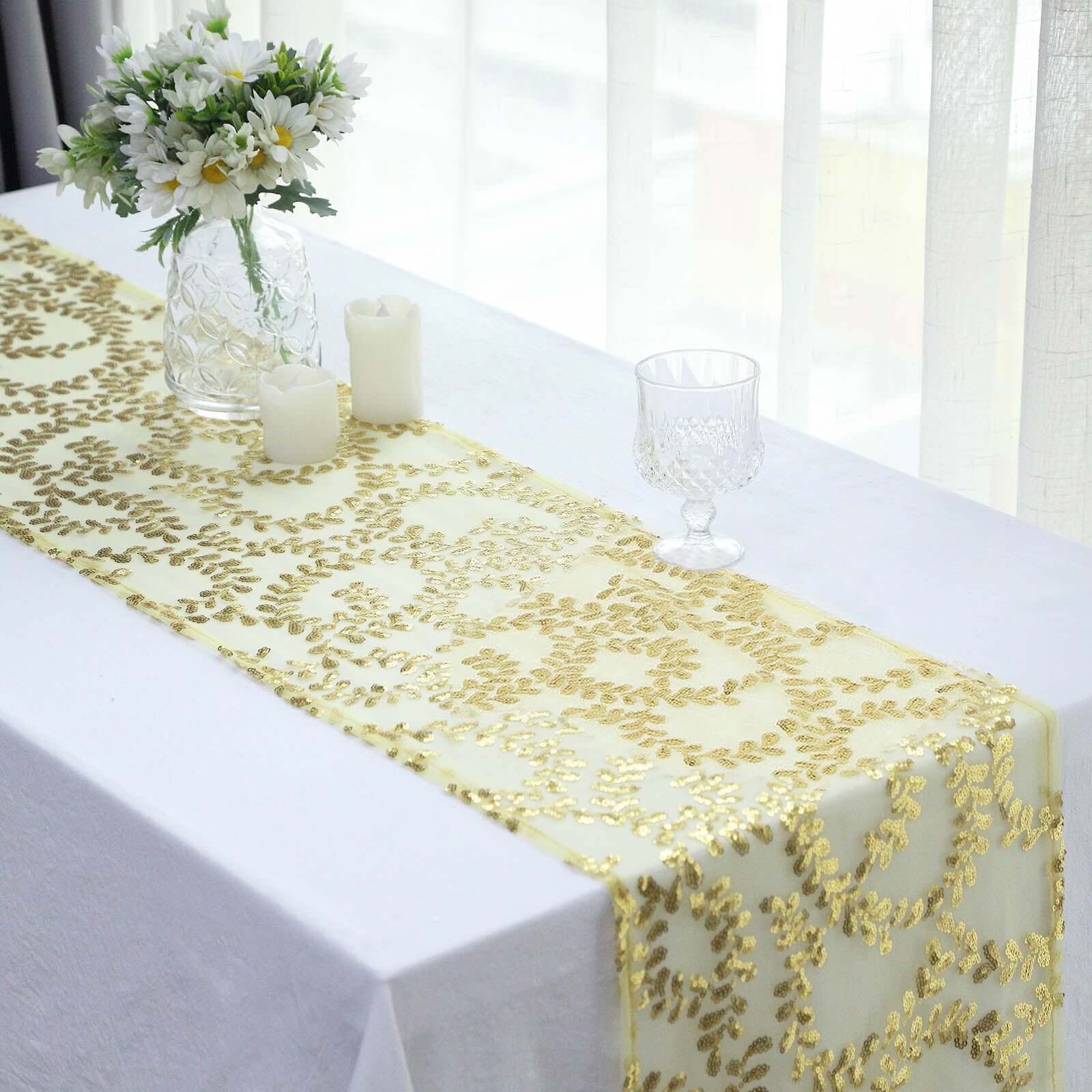 Mesh 12x108 Table Runner Gold - Leaf Vine Sequin Embroidered Design for Sophisticated Occasion