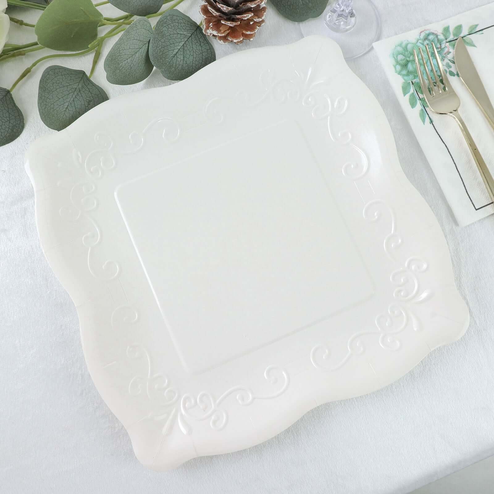 25-Pack Paper 11 Square Dinner Plates in White with Vintage Pottery Embossed Design - Shiny Disposable Serving Plates