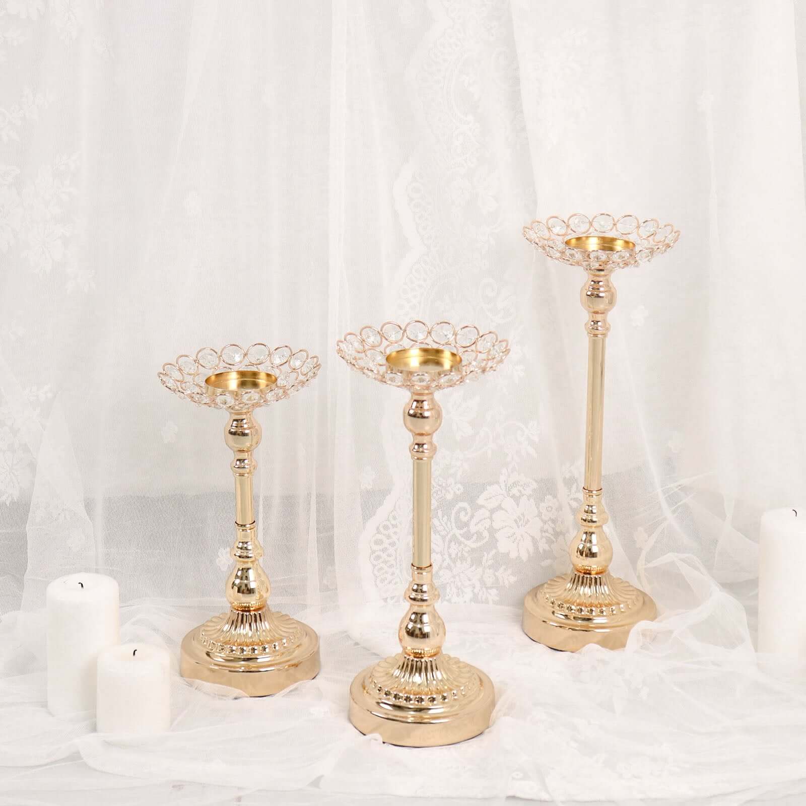 Set of 3 Metal Votive Candle Holders Crystal Beaded Design Gold - Tea Light Centerpieces 11, 13, 15