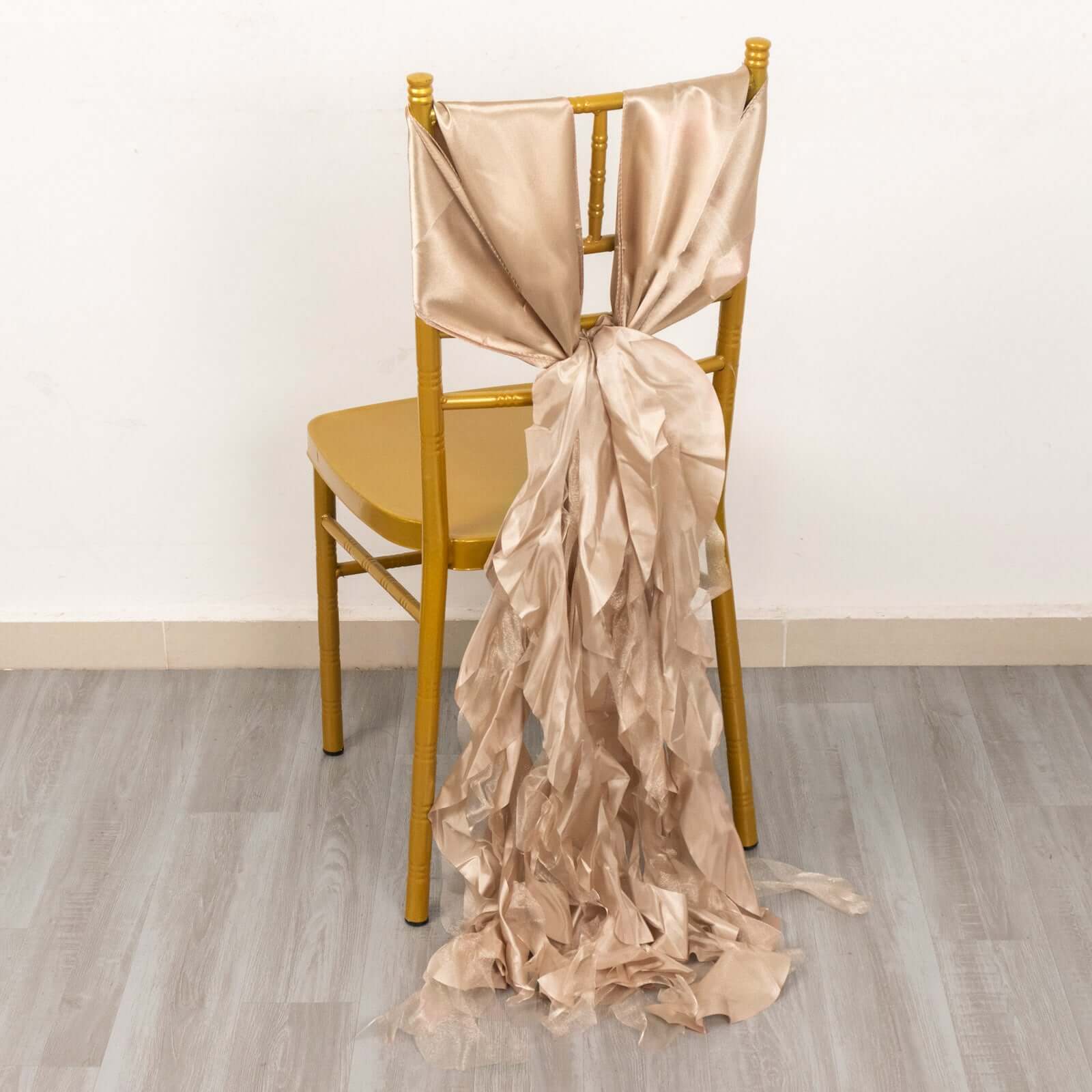 5 Pack Chiffon Satin Chair Sashes Nude - Easy to Install Ruffled Curly Willow