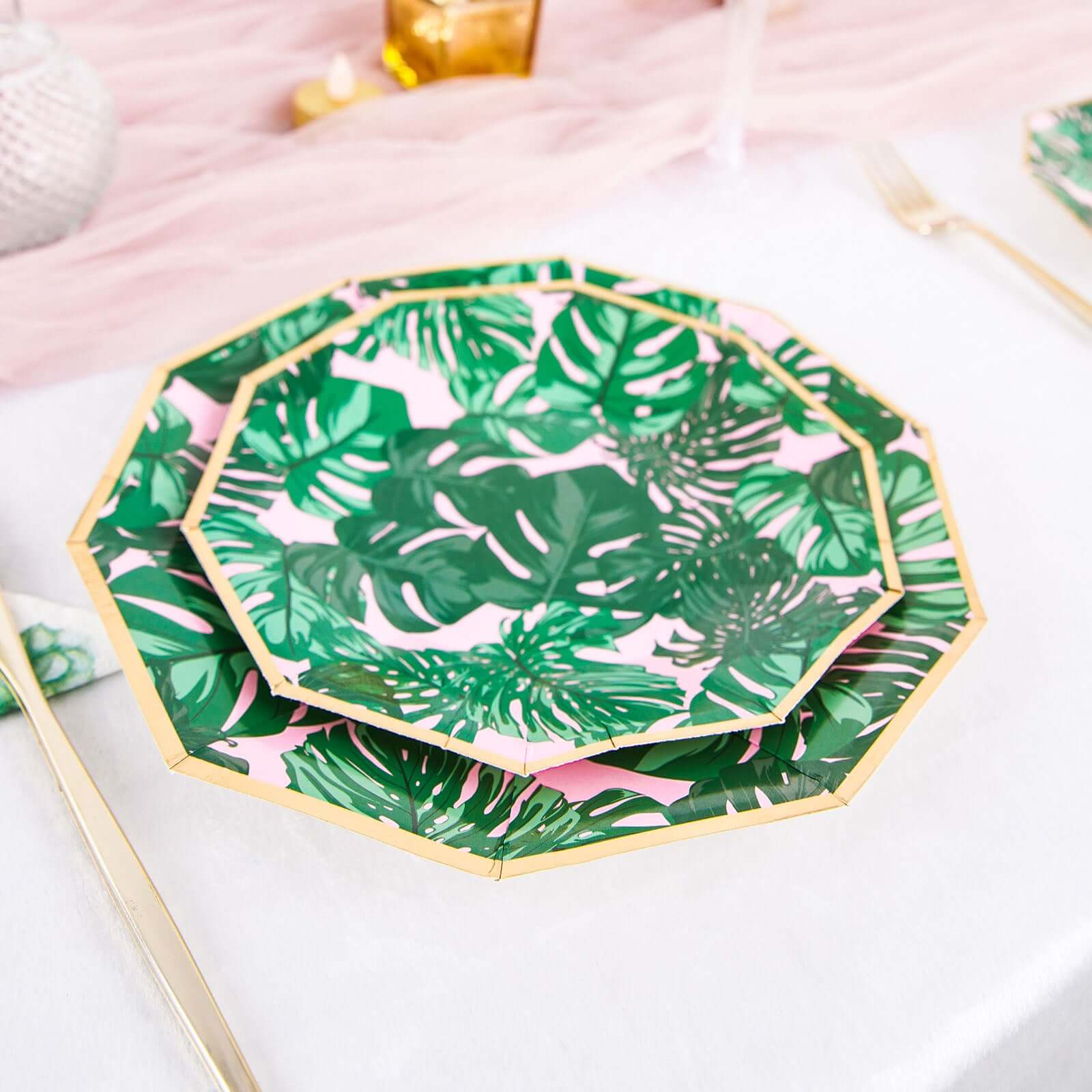 25-Pack Paper 7 Decagon Dessert Plates in Pink with Green Tropical Palm Leaves & Gold Rim - Disposable Geometric Appetizer Salad Plates for Boho Chic & Jungle Themed Events