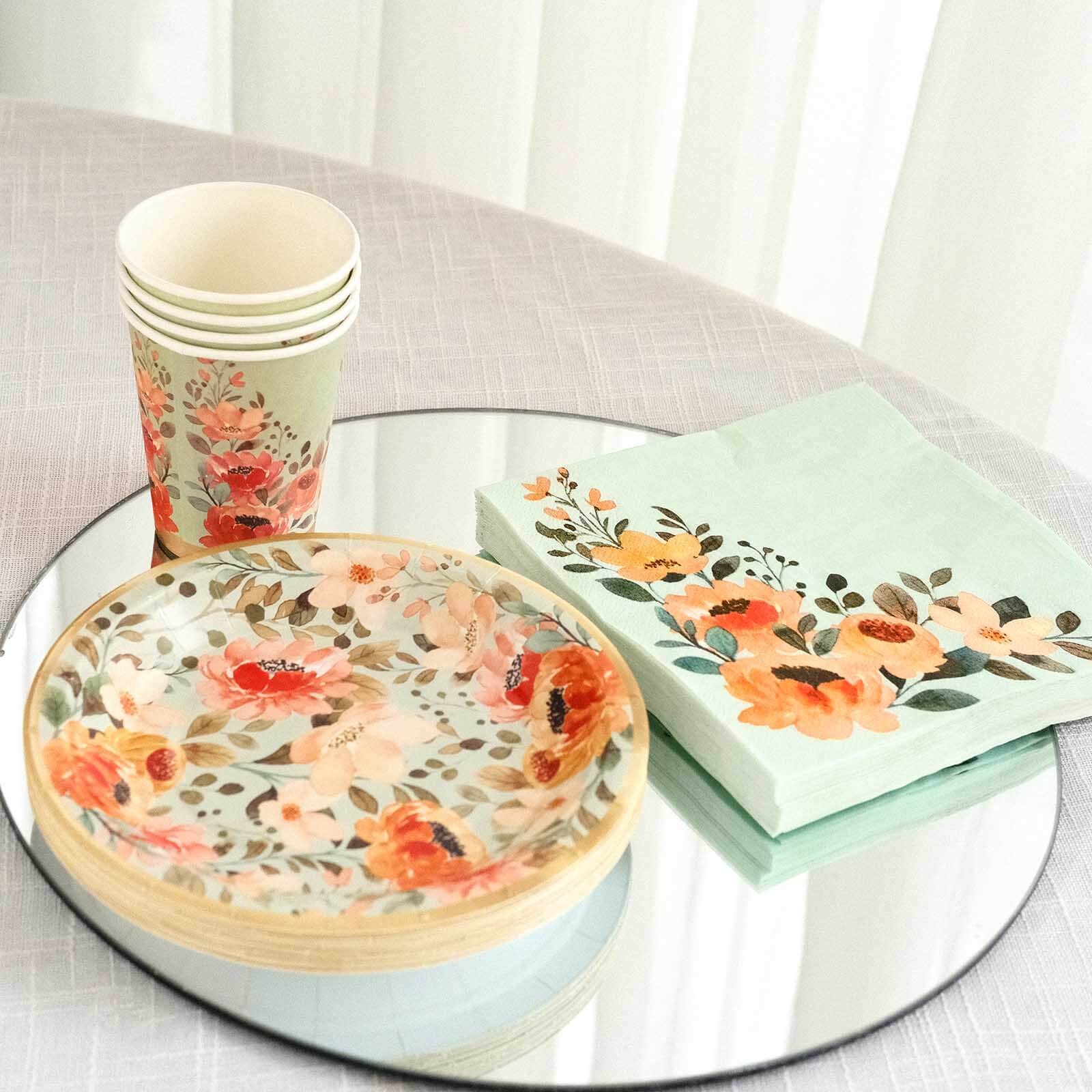 72 Pcs Paper Dinnerware Set with Pink Floral Print Sage Green - Disposable Tableware Combo-Pack with Plates and Cups