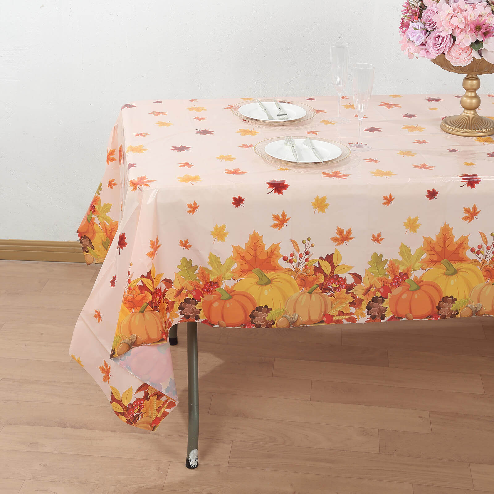 5-Pack Plastic Tablecloths Orange Thanksgiving Rectangle with Fall Leaves Pumpkin Print - Festive PVC Disposable Table Covers 54x108