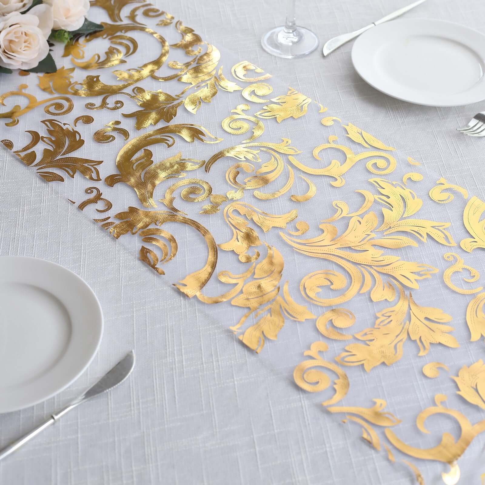 Sheer Organza 12x108 Table Runner Roll Metallic Gold Foil Floral Swirl Design - Disposable Stylish Event Decoration