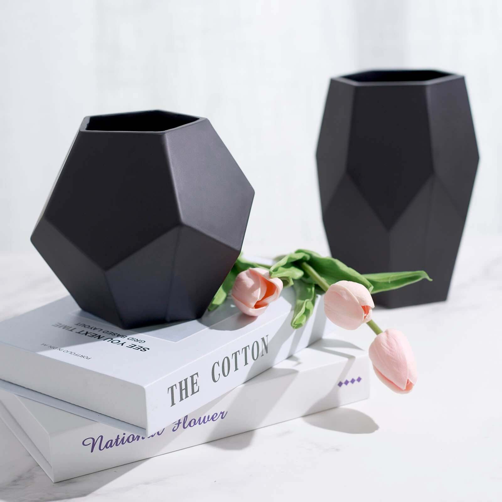 Set of 2 Glass Flower Vases Geometric Design Matte Black - Stylish Modern Candle Holder Centerpieces 5, 8