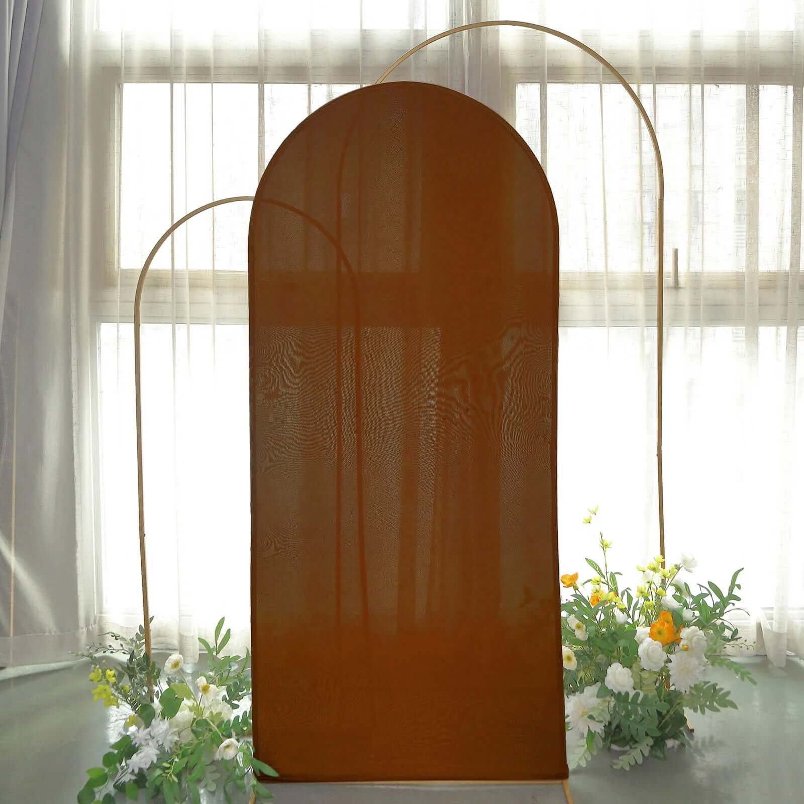 6ft Cinnamon Brown Spandex Fitted Chiara Backdrop Stand Cover For Round Top Wedding Arch