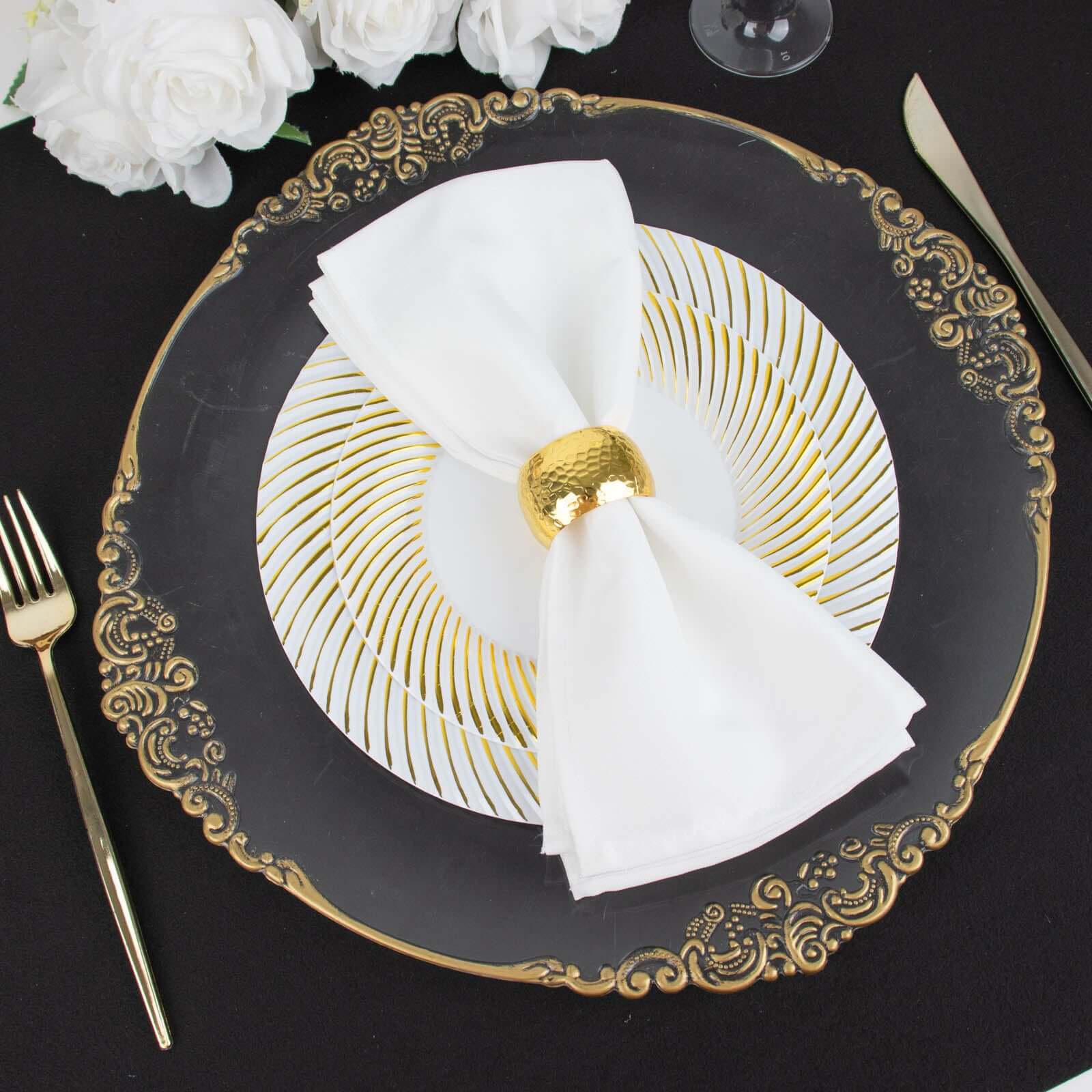 10-Pack Plastic 9 Round Dinner Plates White with Gold Swirl Rim - Disposable Party Plates