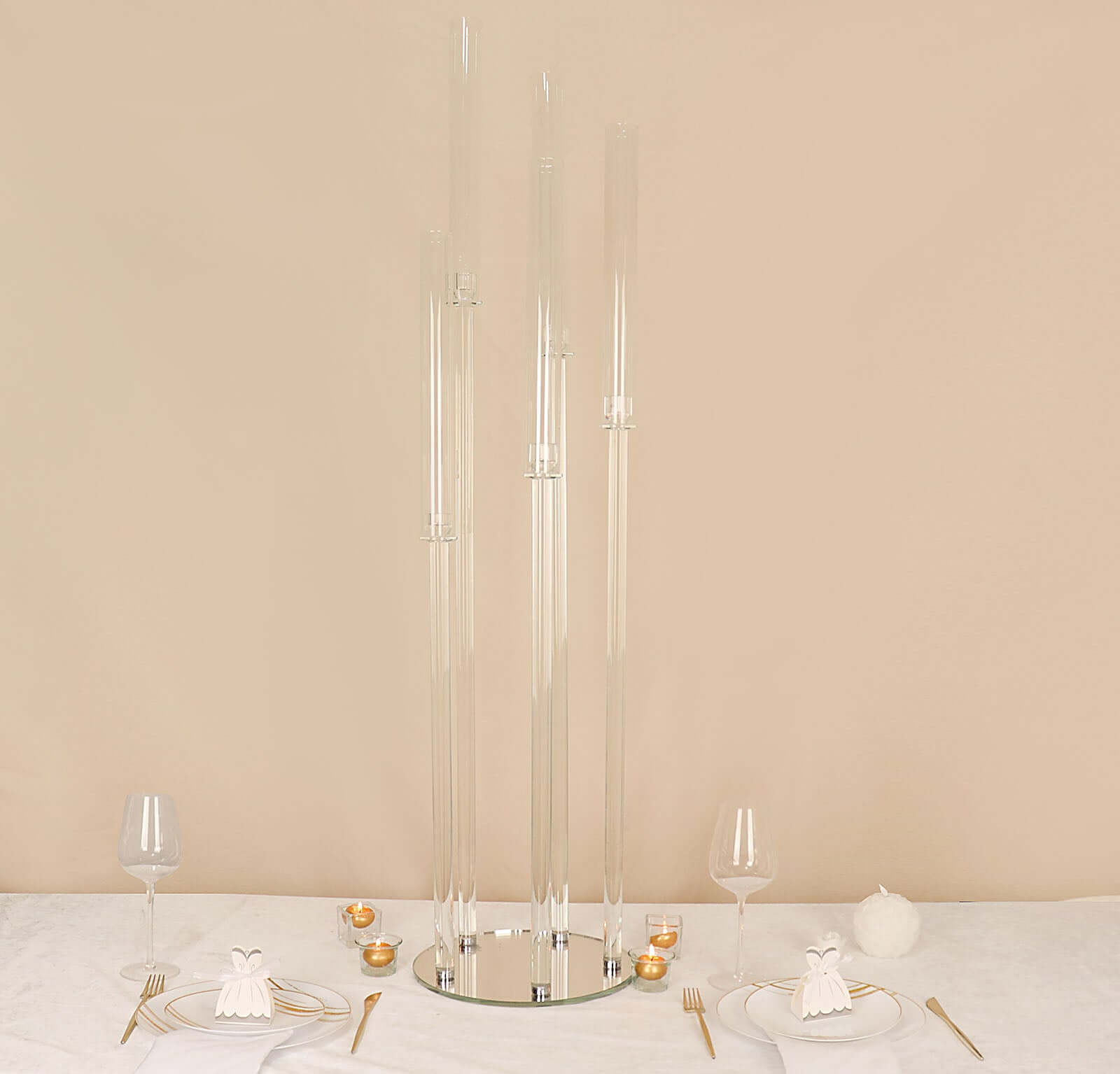 5-Arm Round Cluster Crystal Candelabra Clear with Mirror Base - Radiant Candle Holder Table Centerpiece for Votive & Pillar Candles 51