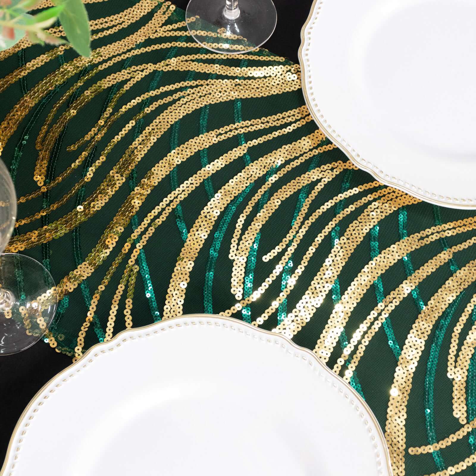 Sequin Mesh 12x108 Table Runner Hunter Emerald Green Stylish Wave Embroidery