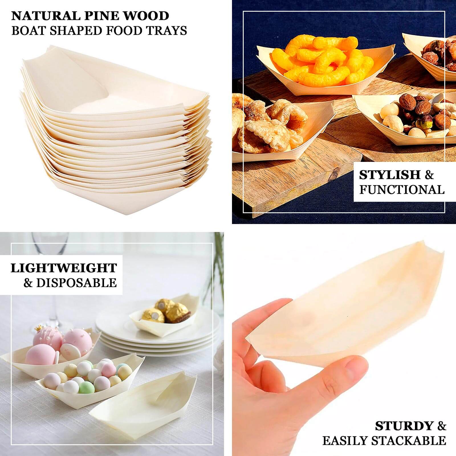 50-Pack Pine Wood Boat Shaped Food Trays Natural Compostable Design - 100% Biodegradable Sushi Snack Plates 6