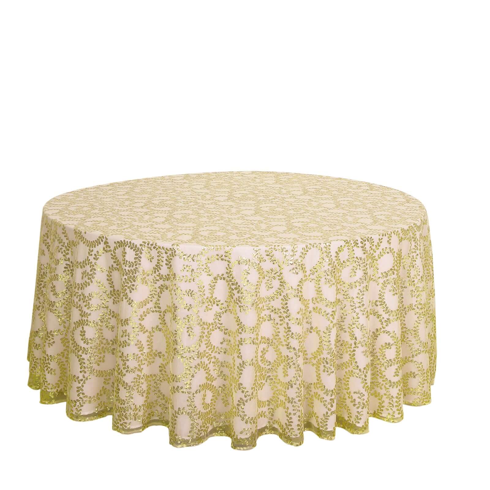 Tulle 120 Round Tablecloth Gold - Seamless Sequin Leaf Embroidered Design for Sophisticated Occasions