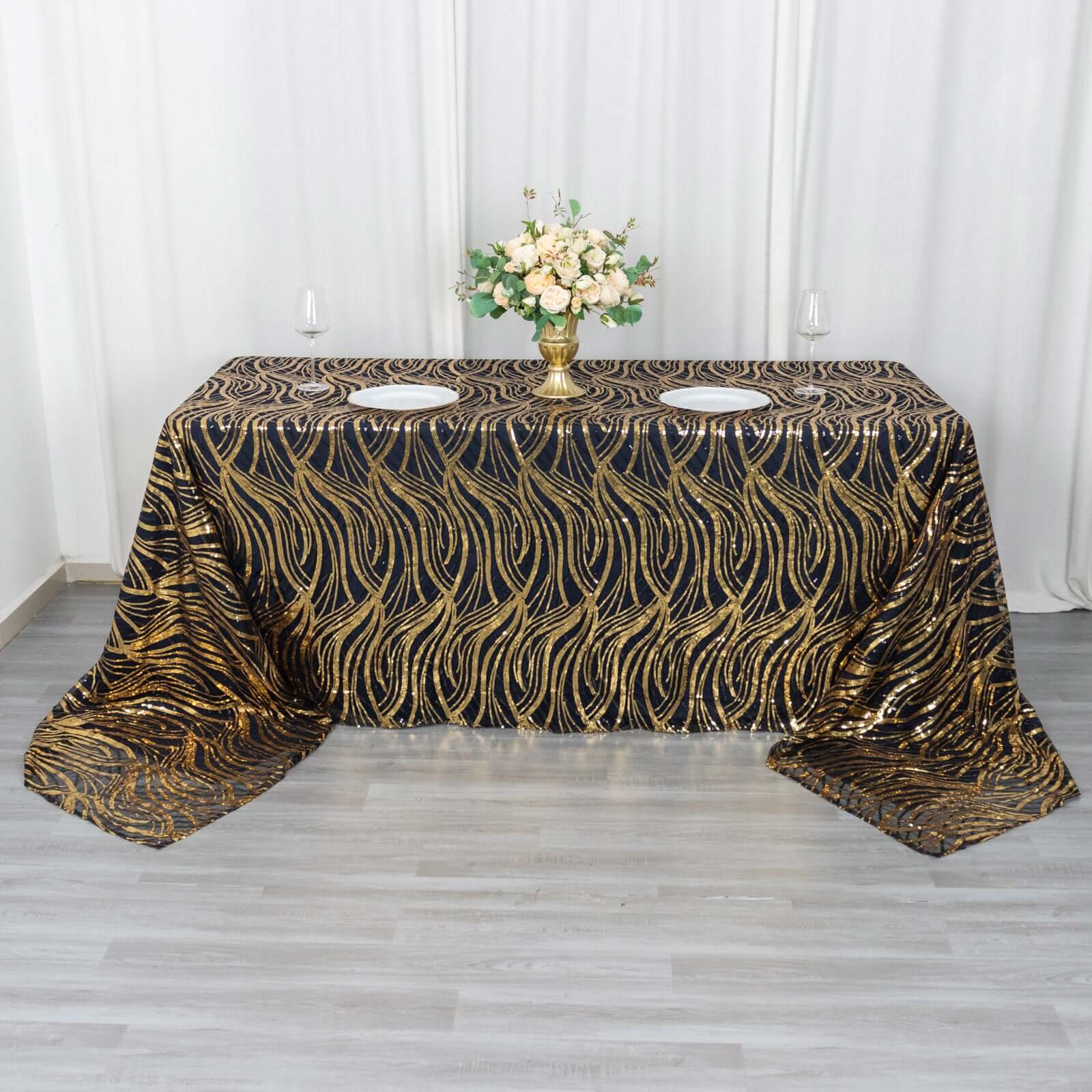 Mesh 90x156 Rectangle Tablecloth Black/Gold - Wave Sequin Embroidered Table Cover